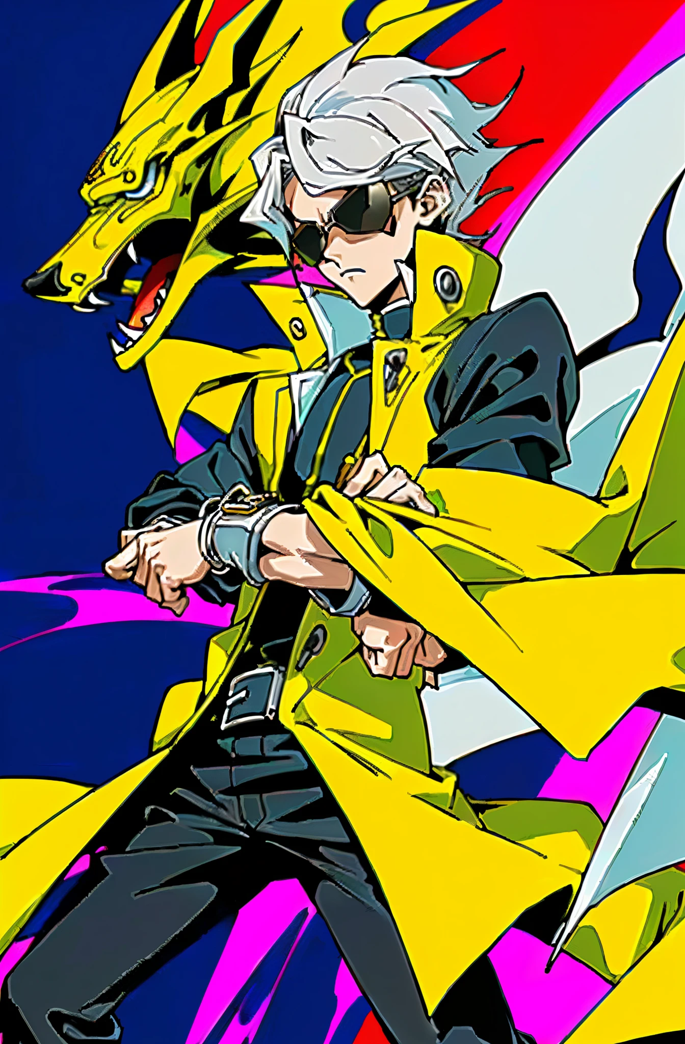 a man in a yellow coat and sunglasses next to another man, Traje real de Akira, Gatilho Estilo de Arte de Anime, guilty gear strive splash art, Estilo de arte da pessoa, arte chave do anime, Arte Oficial, Parte Brando, arte oficial altamente detalhada, Estilo de arte Guilty Gear, Estilo de arte de Demon Slayer, Epic anime style, Persona 5 Estilo Arte wlop, KDA, better arms, mais detalhes roxos e azuis, (ultra detalhes),