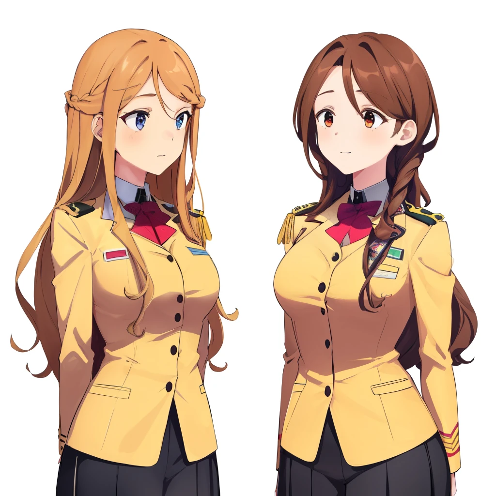 2girls, duo, twins, standing shoulder-to-shoulder, age woman, happy, brown hair, blonde hair, long curly hair, matching hairstyles, different hair colors, hair down, hazel eyes, elegant uniform, white background, best quality, highly detailed