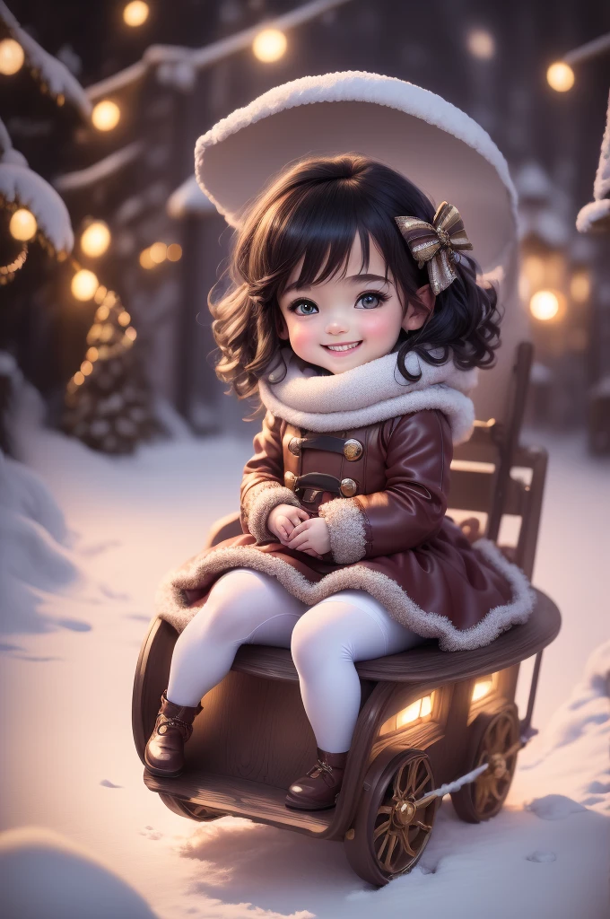 amasterpiece, best quality, 8k, cinematic light, ultra high res, chibi, cute doll smiling sitting on a sleigh, black hair, christmas steampunk dress, christmas hair ribbons, white pantyhose, red pumps, magical night, winter night, magical sparks floating, falling snow, dark shadows, ((dark fantasy)),