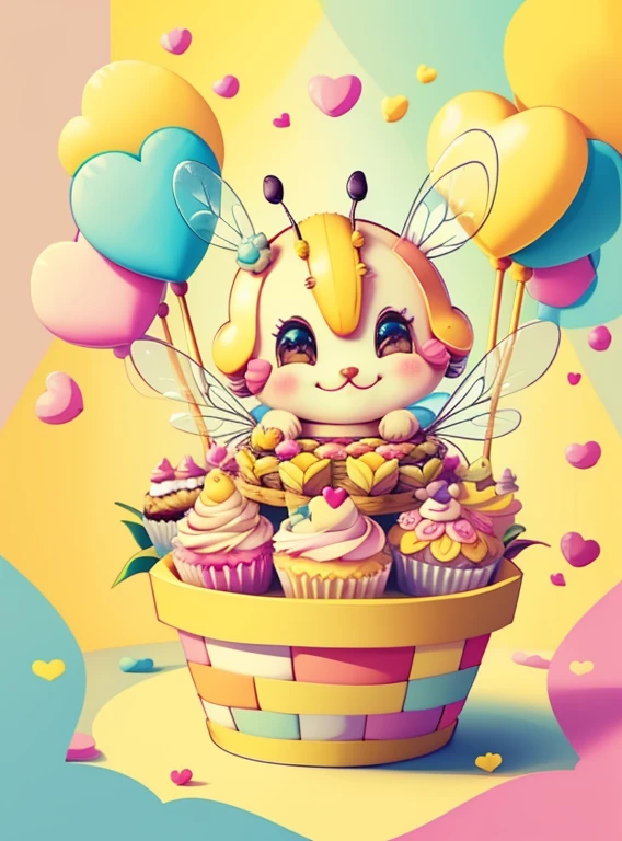 (cute yellow bee smiling with basket of hearts and cupcakes) Munchkin ,Geometric multidimensional wall portrait, livro de arte, Tchibi,
Yang08k, Beautiful, Colouring,
Obras, of the highest quality, best quality, Arte Oficial, Beautiful and Aesthetic,