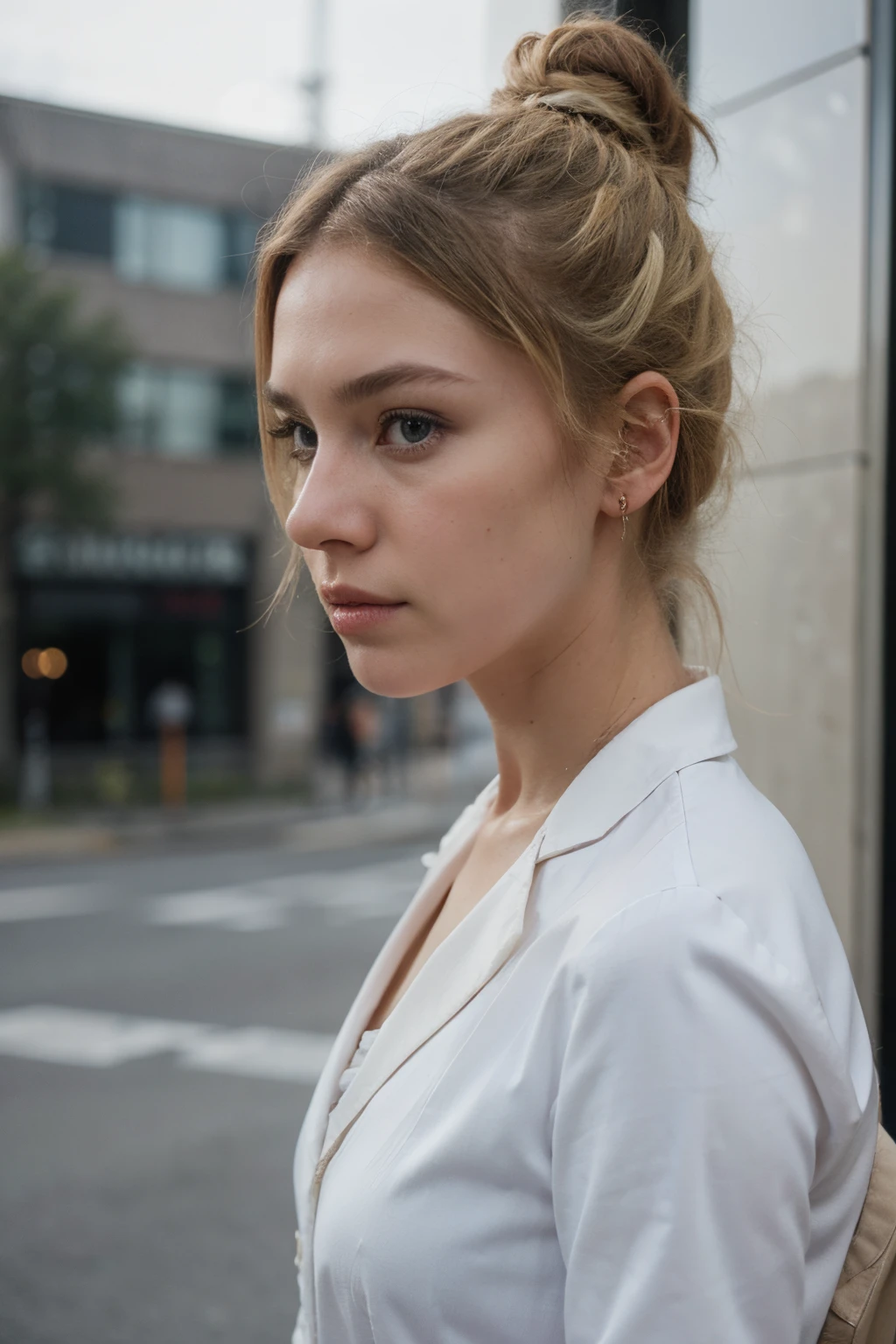 Woman, lawyer, white business clothes, blonde hair , bun, black eyes, small eyebrows, Russian, white, 20 yo, 4k, realistic, cinema pose, enigmatic, sideview, medium chest