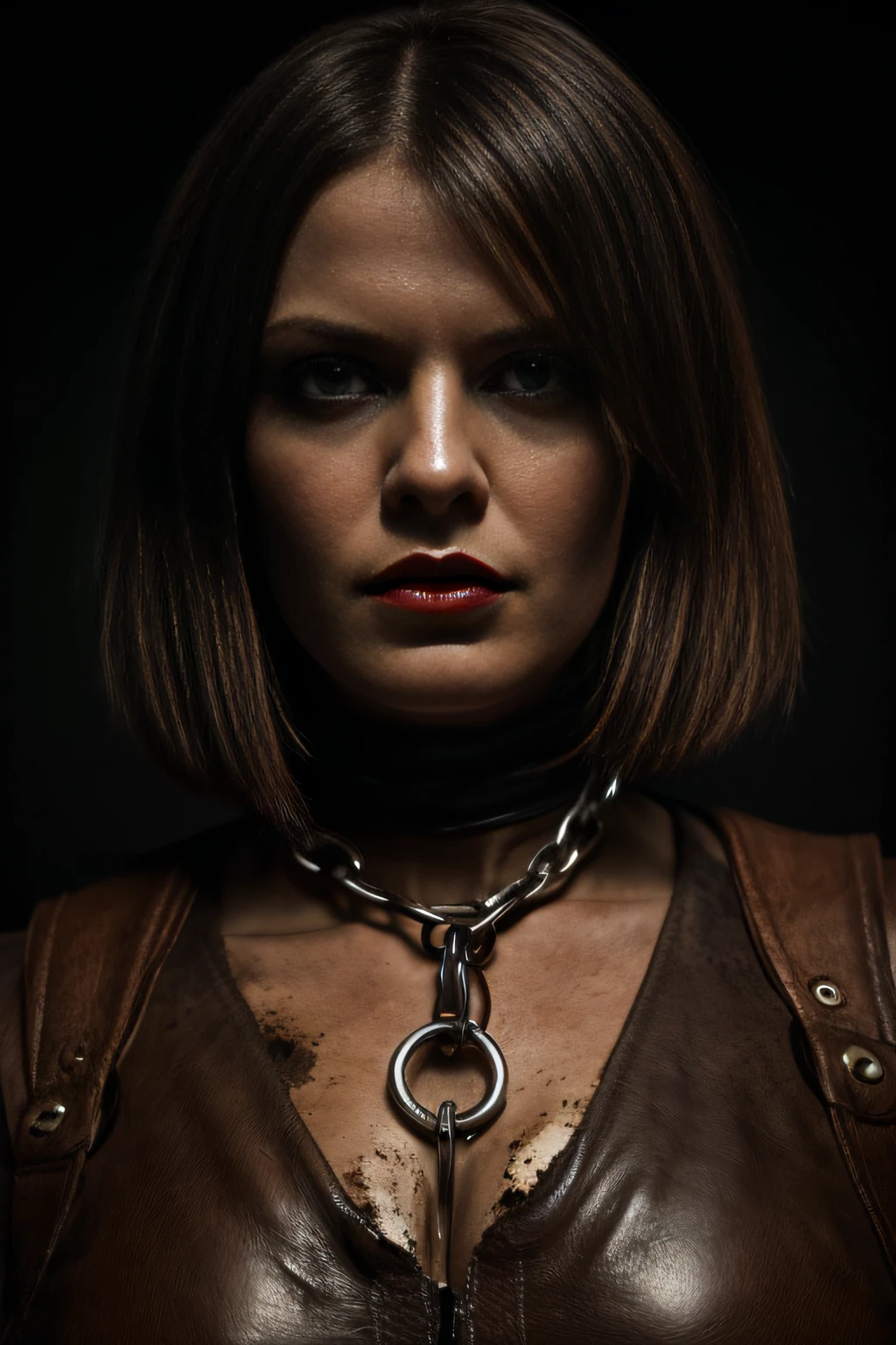 (Best Quality,4k,8K,hight resolution,Masterpiece:1.2),Ultra-detailed,(Realistic,Photorealistic,photo-realistic:1.37),girl in a rough leather suit before a torture session,high boots-stockings,raw leather texture,Dark and gloomy atmosphere,material made from rough and aged leather,Painful expressions,Sandy environment,Detailed facial features,piercing eyes,Dark red lipstick,tension and fear in her eyes,Shackles Chains,dirty and dimly lit torture chamber,foggy atmosphere,medieval instruments of torture,blood stains and scars,worn and worn appearance,impressive and intimidating pose,High-contrast lighting,ominous shadows,Look at the girl#39;s face,sandy and texture-rich rendering,Very realistic image,bright color palette with desaturated tones,gentle warm color gradation,Dynamic lighting effects.