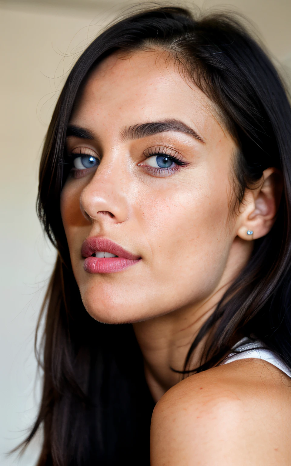 Photorealistic, Best Quality, hyper detailed, a closeup of a, Portrait, looking a viewer, Head straight towards the camera ,better shadow ,beautiful sexy fitness girl, 25 old years, young girl, blue eyes, symmetrical beautiful face, black hair, Almond eye , full lips , hairsh, Knotted back