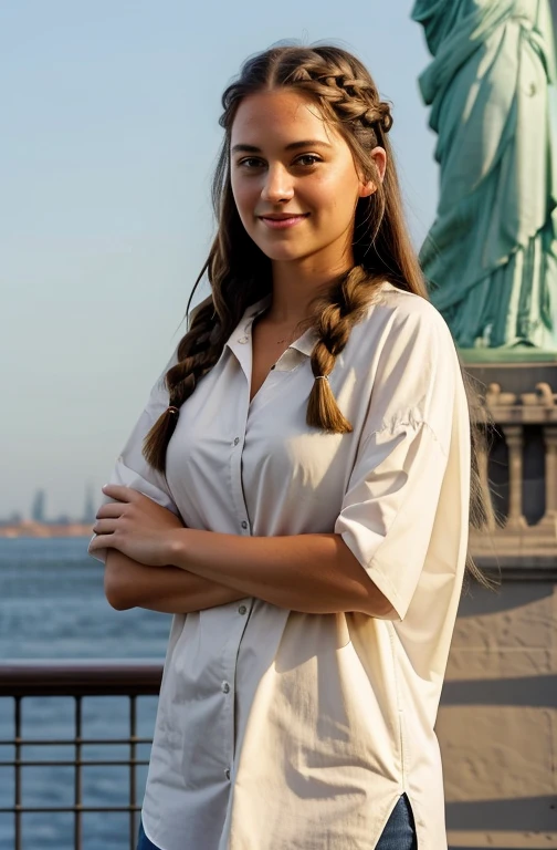 "Imagine a FULL PICTURE of a friendly 27-year-old American crypto trader. She has short,neatly plaited and braided brown hair, striking brown eyes, and a natural smiling and proffessional expression. THE PHOTO IS TAKEN BESIDE STATUE OF LIBERTY. The image is captured in high resolution using an 85mm lens for a flattering perspective."