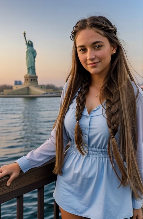 "Imagine a FULL PICTURE of a friendly 27-year-old American crypto trader. She has short,neatly plaited and braided brown hair, striking brown eyes, and a natural smiling and proffessional expression. THE PHOTO IS TAKEN BESIDE STATUE OF LIBERTY. The image is captured in high resolution using an 85mm lens for a flattering perspective."