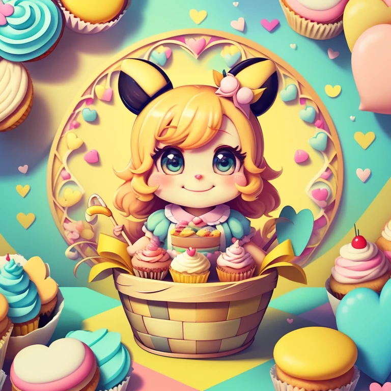 (cute yellow bee smiling with basket of hearts and cupcakes) Munchkin ,Geometric multidimensional wall portrait, livro de arte, Tchibi,
Yang08k, Beautiful, Colouring,
Obras, of the highest quality, best quality, Arte Oficial, Beautiful and Aesthetic,