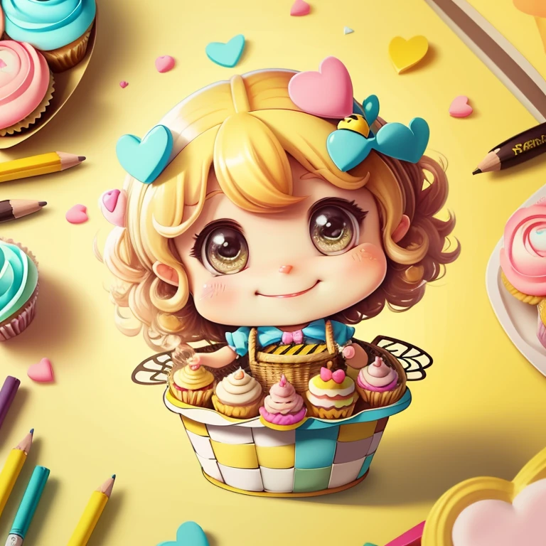 (cute yellow bee smiling with basket of hearts and cupcakes) Munchkin ,Geometric multidimensional wall portrait, livro de arte, Tchibi,
Yang08k, Beautiful, Colouring,
Obras, of the highest quality, best quality, Arte Oficial, Beautiful and Aesthetic,
