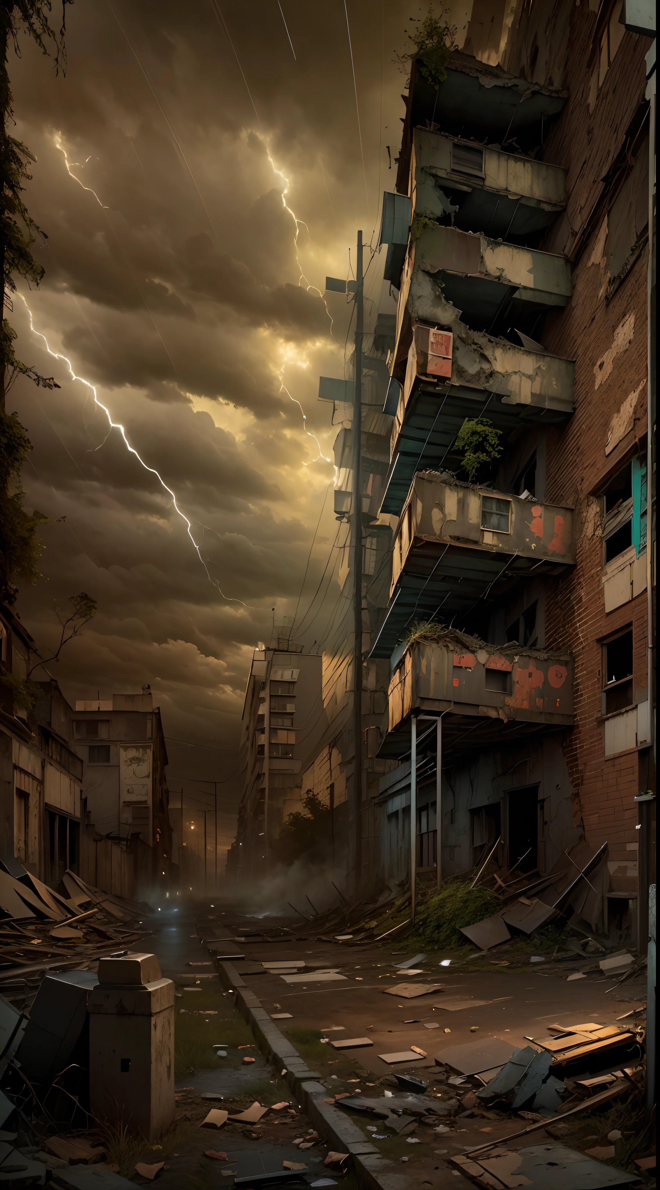 (Lighting,Doom City,abandon,dystopian,A futuristic,dark ambiance,overgrown vegetation,Desolate streets,Crumbling building,black wall,Broken windows,Debris was scattered all over the place,create desolation、chaotic atmosphere. ),[Steampunk survivor,wind coat,Gas masks,Brass decoration,cogs and gears,]，The sky  dimly lit,Ominous clouds gather together,Dazzling lightning,be desperate,unforgettable silence,lost hope,Epidemic of disease.Sepia color palette,strong contrasts,moody light.(Best quality at best,A high resolution,tmasterpiece:1.2)