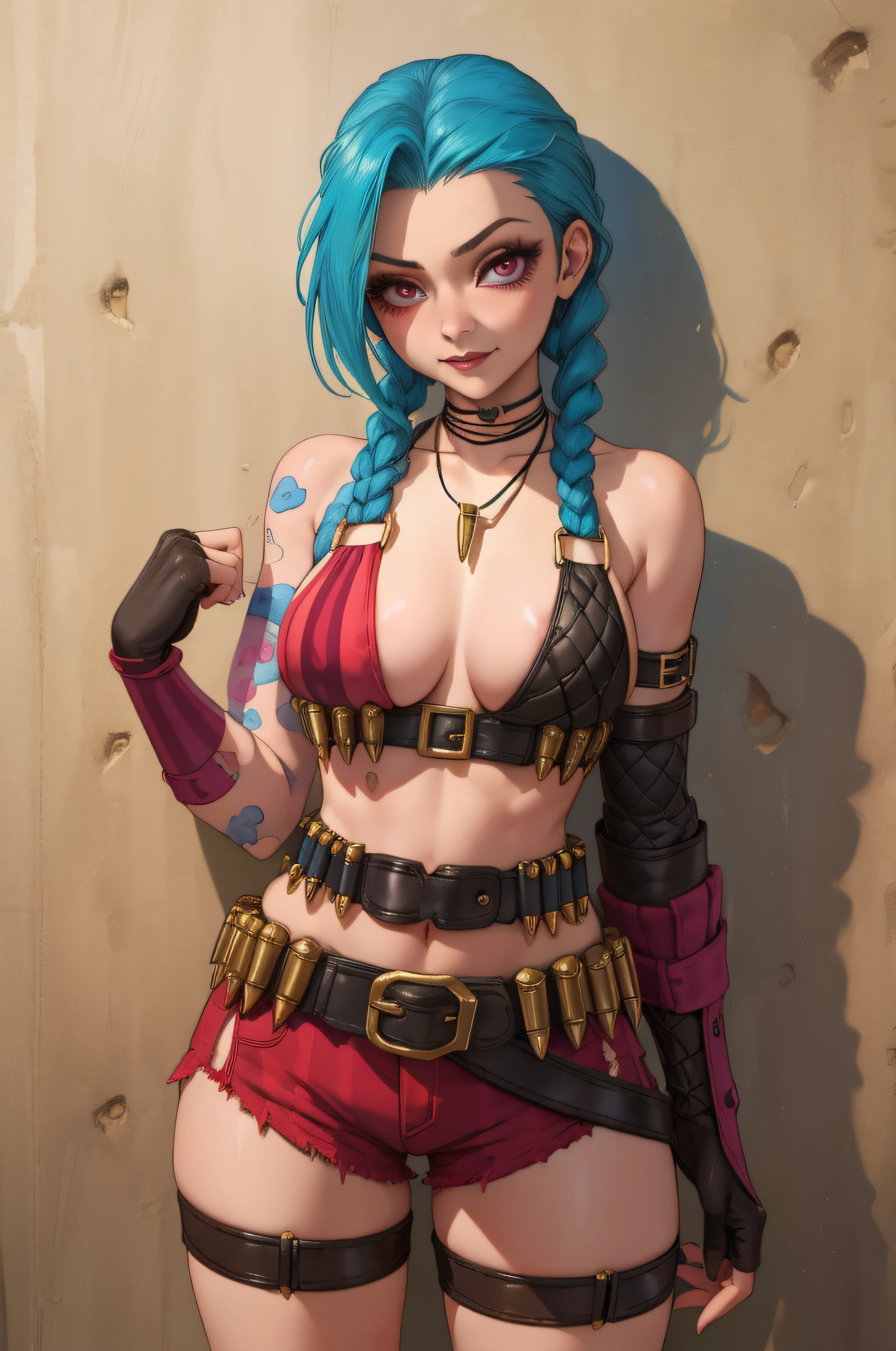 (masterpiece, best quality:1.2), intricate details, jinx \(league of legends\), 1girl, twin braids, single elbow glove, short shorts, bikini top only, necklace, belt, bullet, fingerless gloves