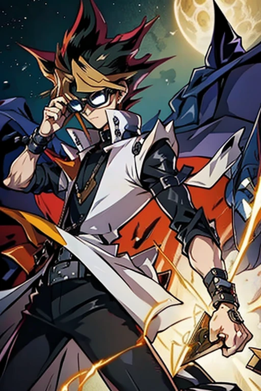 a man in a yellow coat and sunglasses next to another man, Traje real de Akira, Gatilho Estilo de Arte de Anime, guilty gear strive splash art, Estilo de arte da pessoa, arte chave do anime, Arte Oficial, Parte Brando, arte oficial altamente detalhada, Estilo de arte Guilty Gear, Estilo de arte de Demon Slayer, Epic anime style, Persona 5 Estilo Arte wlop, KDA, better arms, mais detalhes roxos e azuis, (ultra detalhes), Yu-Gi-Oh estilo arte, egyptian setting