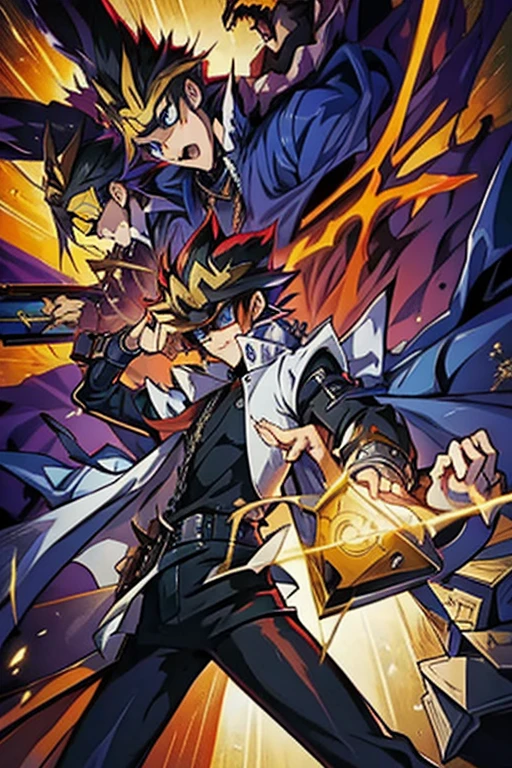 a man in a yellow coat and sunglasses next to another man, Traje real de Akira, Gatilho Estilo de Arte de Anime, guilty gear strive splash art, Estilo de arte da pessoa, arte chave do anime, Arte Oficial, Parte Brando, arte oficial altamente detalhada, Estilo de arte Guilty Gear, Estilo de arte de Demon Slayer, Epic anime style, Persona 5 Estilo Arte wlop, KDA, better arms, mais detalhes roxos e azuis, (ultra detalhes), Yu-Gi-Oh estilo arte, egyptian setting