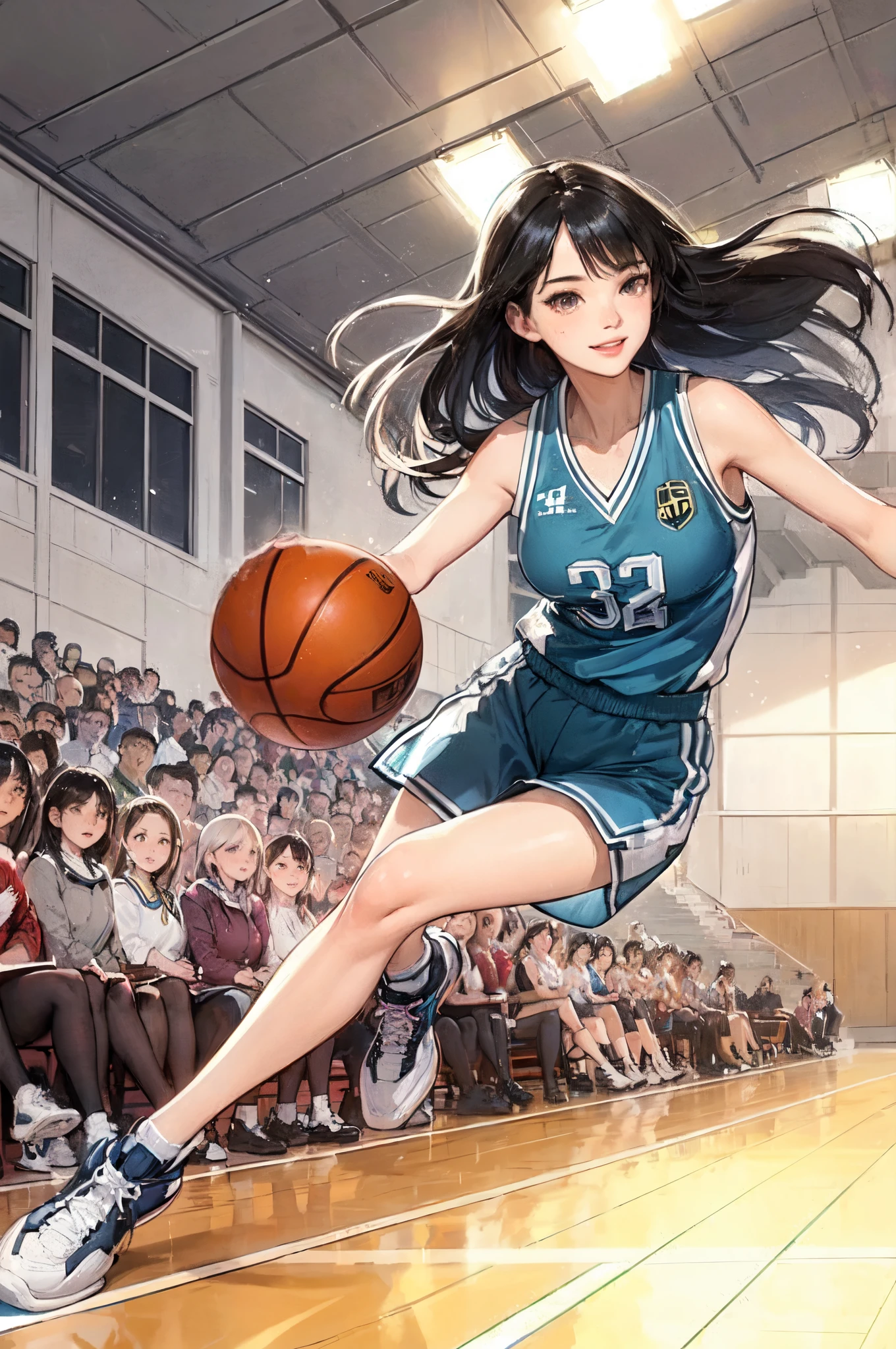 1lady solo, (dynamic posing:1.2), /(basketball uniform/), mature female, /(black hair/) bangs, light smile, (masterpiece best quality:1.2) delicate illustration ultra-detailed, large breasts BREAK /(civic gymnasium/) indoors, audience