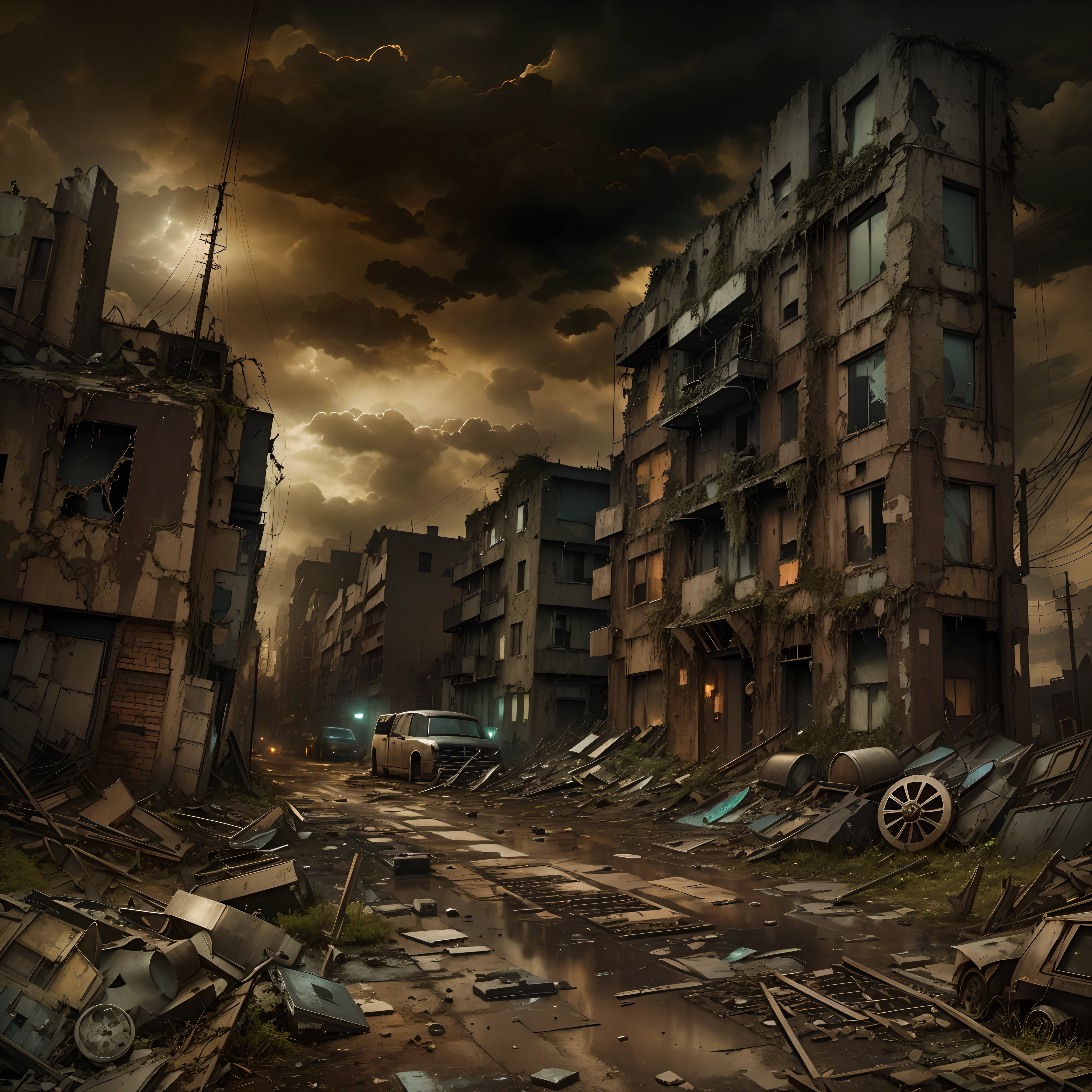 (Lighting,Doom City,abandon,dystopian,A futuristic,dark ambiance,overgrown vegetation,Desolate streets,Crumbling building,black wall,Broken windows,Debris was scattered all over the place,create desolation、chaotic atmosphere. ),[Steampunk survivor,wind coat,Gas masks,Brass decoration,cogs and gears,]，The sky  dimly lit,Ominous clouds gather together,Dazzling lightning,be desperate,unforgettable silence,lost hope,Epidemic of disease.Sepia color palette,strong contrasts,moody light.(Best quality at best,A high resolution,tmasterpiece:1.2)