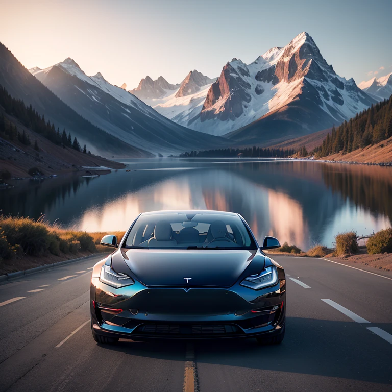 Tesla model 3 2020, blue color, mountain tops And a lake in the background, sunrise, professional photo.