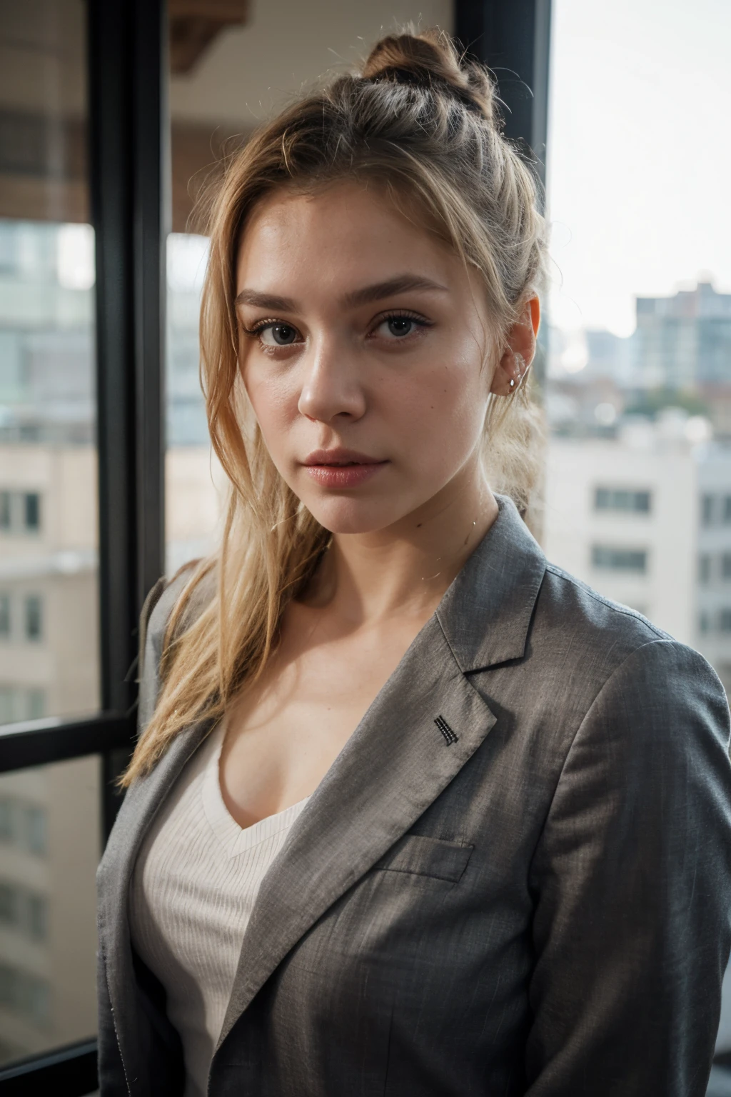 Woman, lawyer, business clothes, blonde hair , bun, black eyes, small eyebrows, Russian, white, 20 yo, 4k, realistic, cinema pose, enigmatic, penthouse