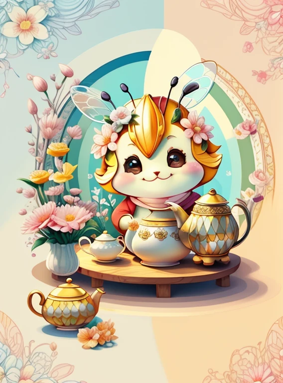 (cute bee smiling with tea pot and flowers) Munchkin ,Geometric multidimensional wall portrait, livro de arte, Tchibi,
Yang08k, Beautiful, Colouring,
Obras, of the highest quality, best quality, Arte Oficial, Beautiful and Aesthetic,