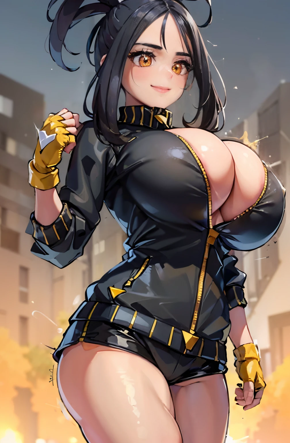 (masterpiece, best quality:1.2) dendra, pokemon, 1girl, solo, long hair, black hair, ((gigantic breasts:1.3)), smile, scar on forehead, cross scar, black hair, yellow eyes, fingerless gloves, black jacket, bandaid on face, track jacket, yellow glove,  background, black sport shorts, tight jacket, bursting zipper