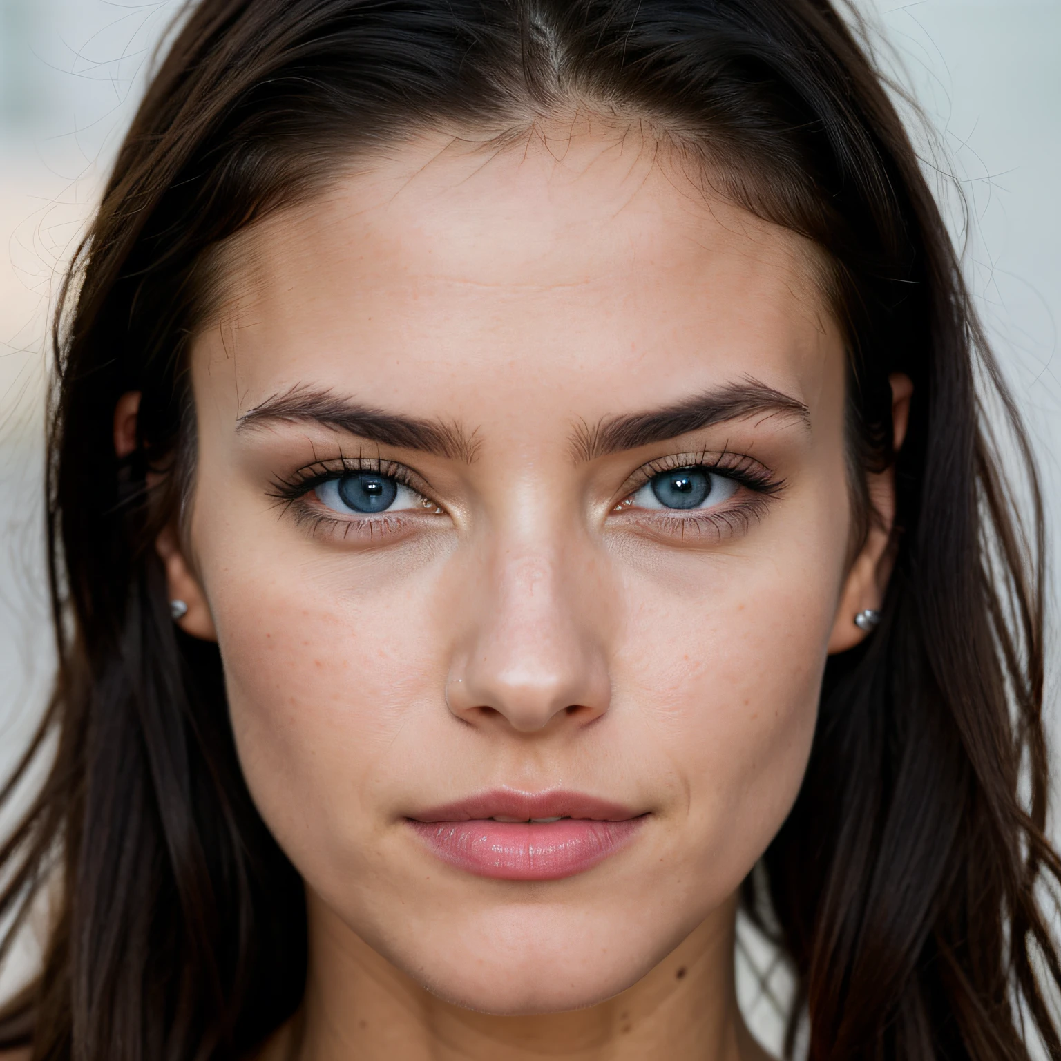 Photorealistic, Best Quality, hyper detailed, a closeup of a, Portrait, looking a viewer, Head straight towards the camera ,better shadow ,beautiful sexy fitness girl, 25 old years, young girl, blue eyes, symmetrical beautiful face, black hair, Almond eye , full lips , hairsh, Knotted back