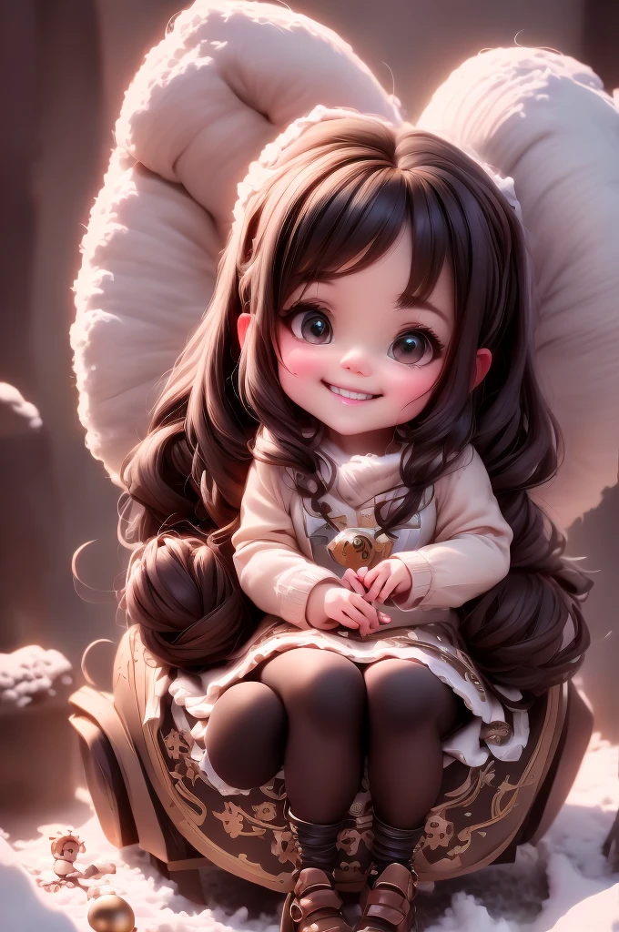 amasterpiece, best quality, 8k, cinematic light, ultra high res, chibi, cute girl smiling sitting on a sleigh, black hair, christmas steampunk dress, christmas hair bows, (white) pantyhose, black pumps, magical night, winter night, magical sparks floating, falling snow, dark shadows, ((dark fantasy)),