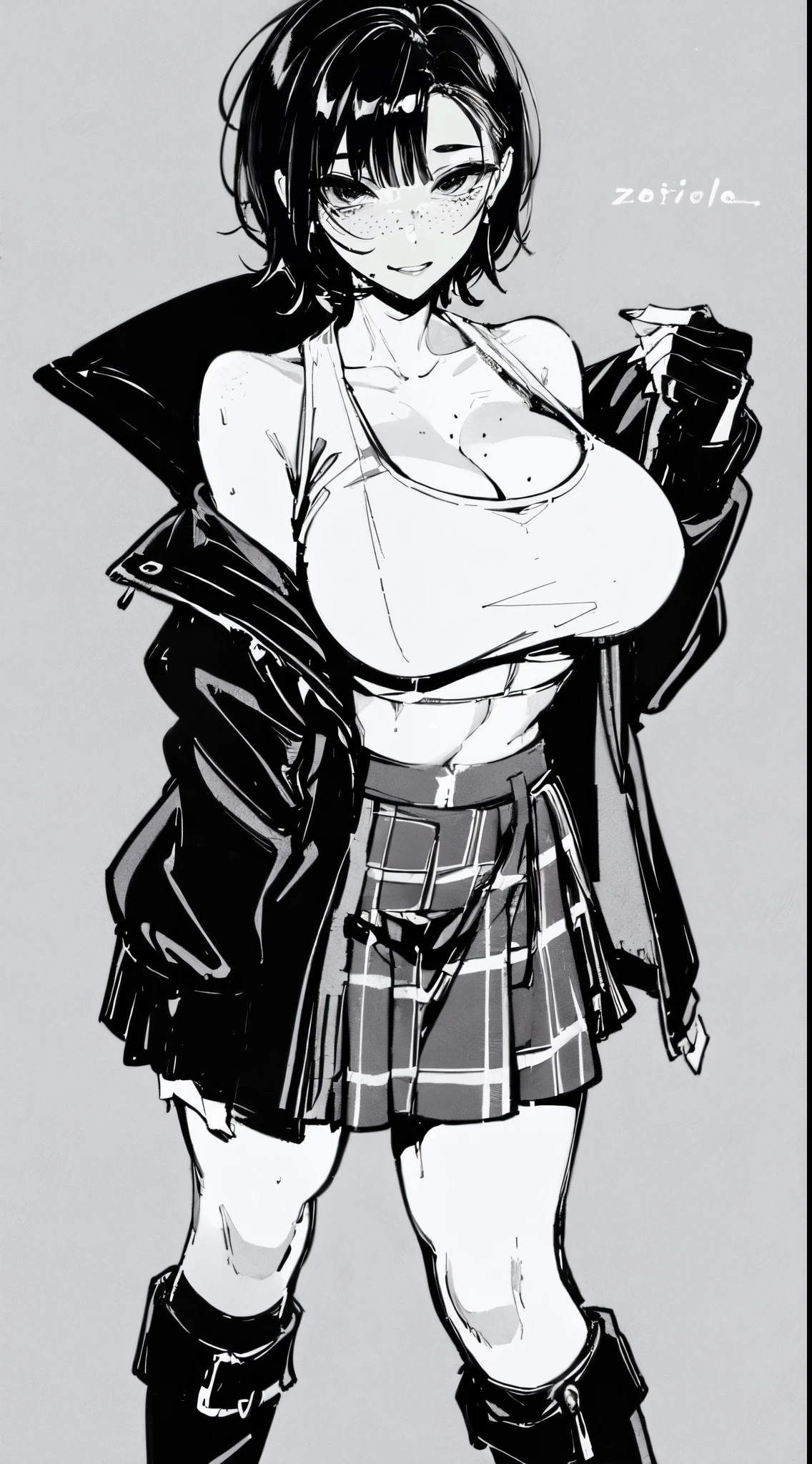 woman, curly pixie cut hair, wearing crop top shirt, plaid skirt, (knee high boots), black fingerless gloves, jacket, exposed shoulders, thick thighs, (full body), large breasts, freckles, cleavage, abs, looking at viewer, masterpiece, sketch, monochrome, flat