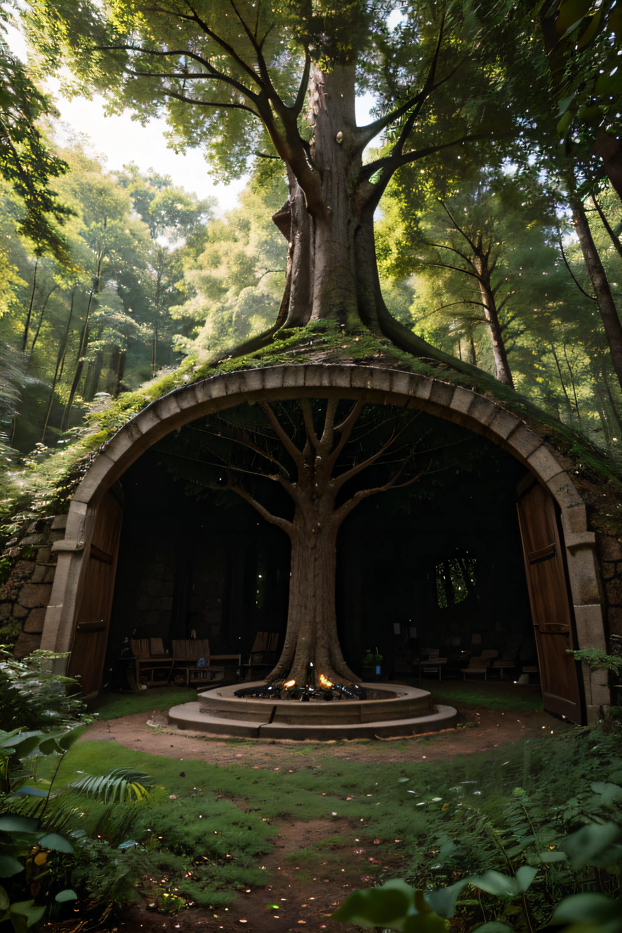 In a forest full of trees and without rivers, there is a tree bigger than all the others right in the center. serves as a home for small magical creatures. Tunnels and openings in this biggest tree of all serve as homes for creatures
