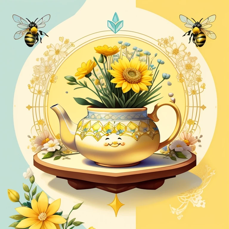 (cute yellow bee smiling with tea pot and flowers) Munchkin ,Geometric multidimensional wall portrait, livro de arte, Tchibi,
Yang08k, Beautiful, Colouring,
Obras, of the highest quality, best quality, Arte Oficial, Beautiful and Aesthetic,