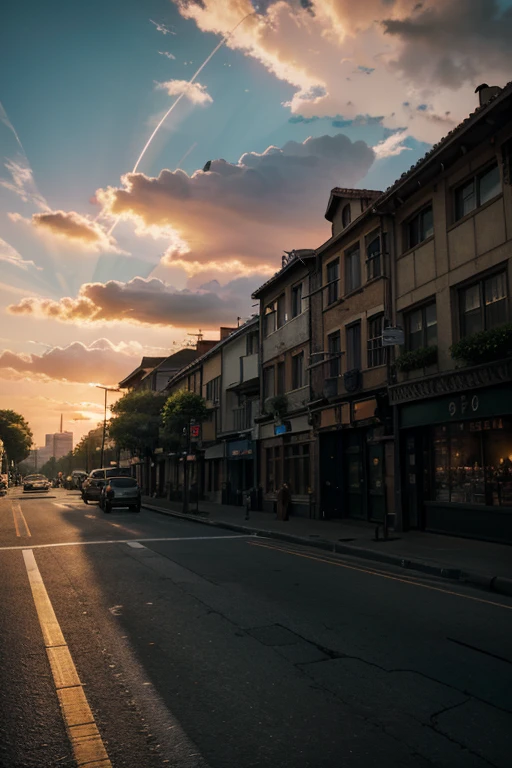 (3D:0.5,realistic:0.5,photorealistic:0.5),(absurdres,Super-resolution,masterpiece,best quality,finely detailed,absurdres:1.2), dramatic light, dramatic illumination, cinematic, anime scenery, makoto shinkai, ghibli, fantasy world, magical, beautiful sky, clouds, building, bikes, airplane trail, birds, dramatic lighting, cinematic lighting, sunset, warm sunset, warm sun, street, depth of field, lens flare,