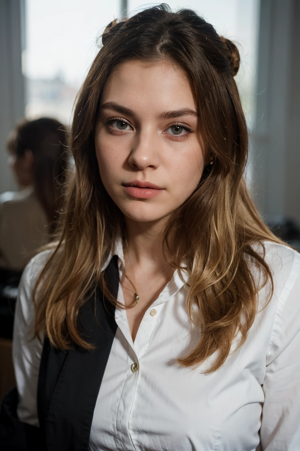 Woman, lawyer, business clothes, blonde hair , bun, streaks, black eyes, small eyebrows, Russian, white, 20 yo, 4k, realistic, cinema pose, enigmatic, art gallery