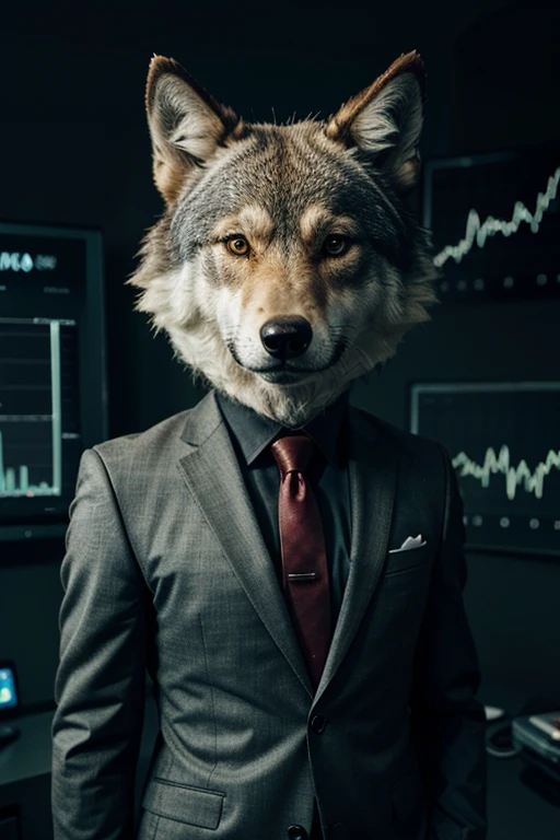 a wolf animal in a suit in the world of financial graphics