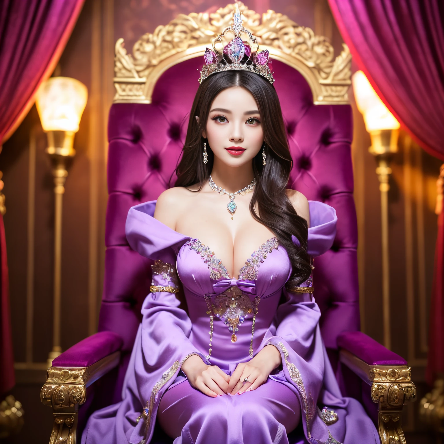 ((top-quality、masutepiece、8K、Top image quality、Highly complex and detailed depictions))、one  goddess、The ultimate luxury with everything you can imagine、The most luxurious and majestic  goddess costume、Surrounded by pink and purple curtains、pink and purple lighting、Sit on a super-huge throne、(warm mood lighting:1.5)、(Moody Writing:1.2)、(Studio Lighting:1.5)、(very classy and luxurious lighting:1.1)、(Luxury  background:1.2)、(mid night:1.3)、(Background completely surrounded by curtains:1.3)、(blurry backround:1.1)、(moody dim room:1.3)、(The background is all pink and purple:1.2)、Shine intricately、The biggest smile staring at the camera、(spectacular movie lighting:1.1)、(Very romantic atmosphere:1.1)、(very romantic performance:1.1)、Upper body photo、(The most luxurious and majestic throne:1.1)、(pink and purple throne:1.1)、artistic décor、Large amount of jewelry decoration、The most luxurious and huge tiara、detailed ornament、glowing gemstones、giant pink and purple costume、(pink and purple big sleeves:1.1)、Very fine decoration、Very complex decoration、royal, yudai、(Frontal close-up:1.1), (exact and perfect throne:1.1)、(perfect and majestic costume:1.1)、(Symmetrical composition:1.1)、huge and magnificent throne