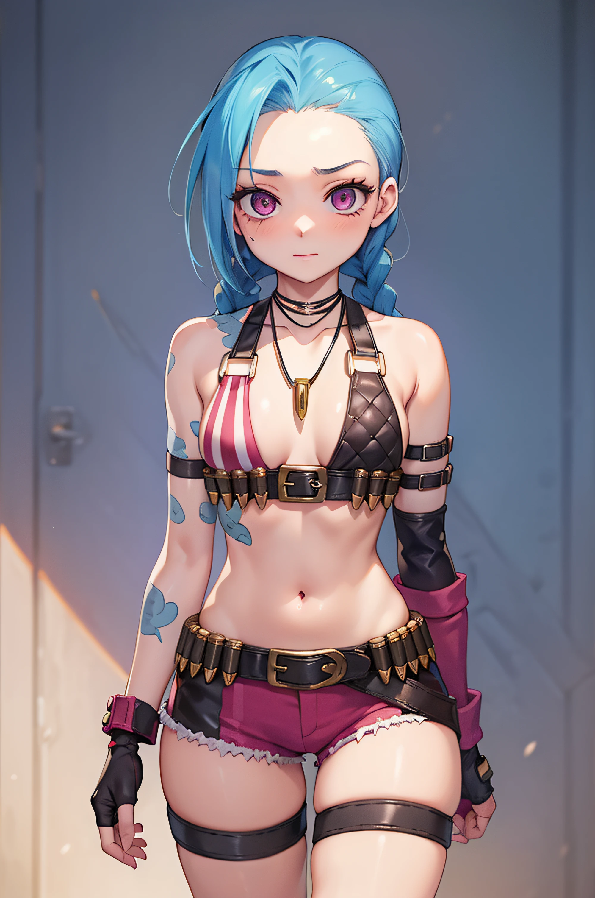 (masterpiece, best quality:1.2), intricate details, jinx \(league of legends\), 1girl, twin braids, single elbow glove, short shorts, bikini top only, necklace, belt, bullet, fingerless gloves