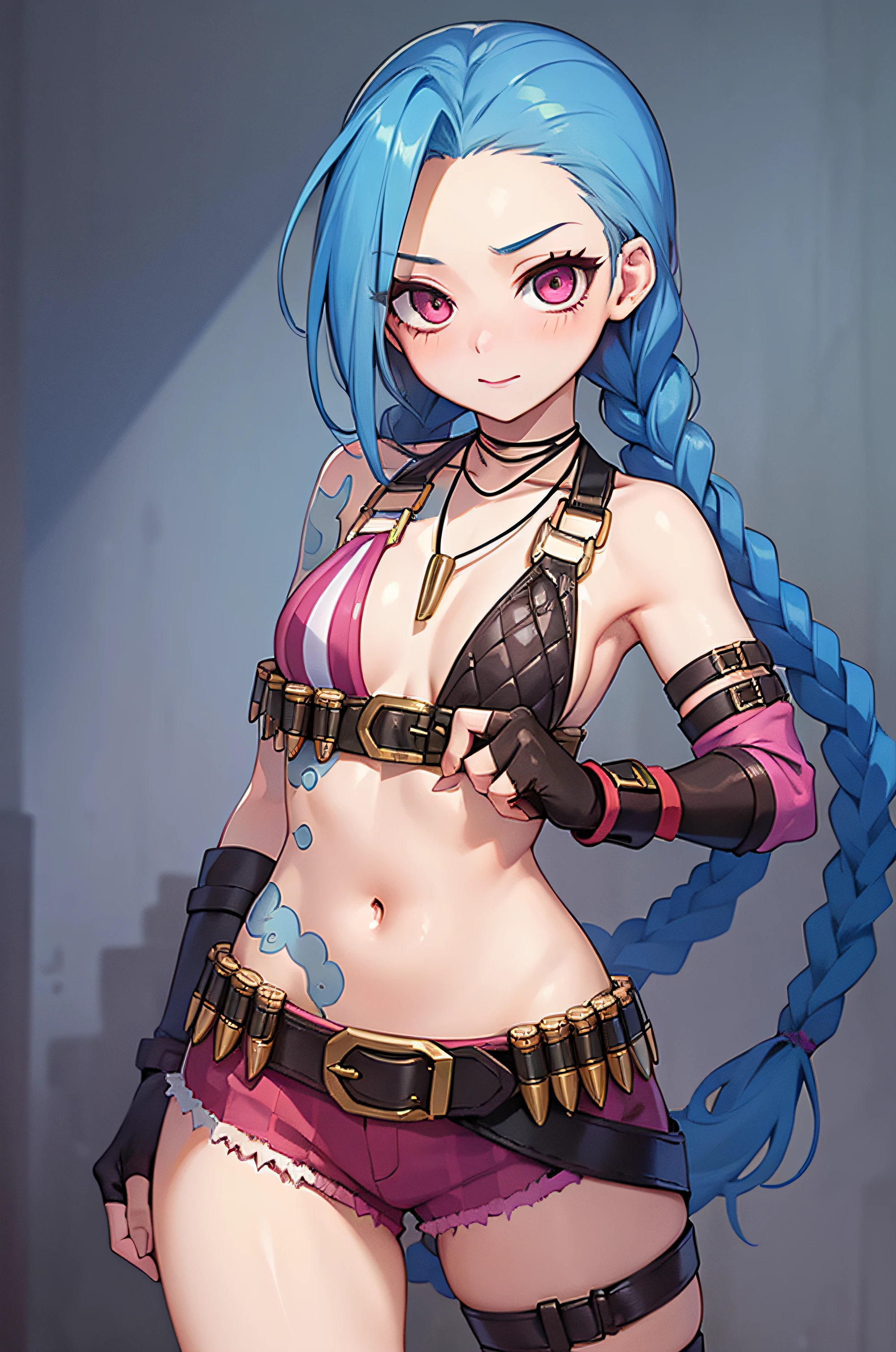 (masterpiece, best quality:1.2), intricate details, jinx \(league of legends\), 1girl, twin braids, single elbow glove, short shorts, bikini top only, necklace, belt, bullet, fingerless gloves