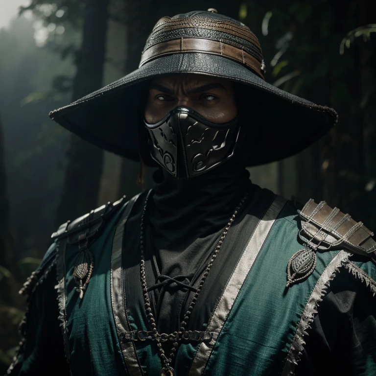 Faixa nos olhos,Capuz preto, personagem em Kombat mortal, Kombat mortal, Estilo Kombat mortal, Kombat mortal, Kombat mortal 11, MK Ninja, inspirado na pedra do cavalo, raiden metal gear, como personagem em tekken, personagem de jogo de luta, Epic portrayal of the threat, Snoop dog in deadly Kombat, Fuji 1 Menino, kalap, Foco masculino, Skull Face Solo, straw hat, chuva, wuxia, Xianxia, Misterioso, 4k, epic  logo in the shape of a shield, #69E200 hexadecimal, segunda cor azul escuro,Escuro, gotic, design de camisetas, no estilo do Studio Ghibli, cores tetradicas pastel, Arte vetorial 3D, bonito e peculiar, arte de fantasia, verde brilhante, bola de futebol Desportivo, Adobe Illustrator, hand-drawn, pintura digital, Minimalista, baixo-poli, soft lighting, scenic view, isometric style, retro aesthetics, focado no personagem, 4k resolution, photorealistic render,