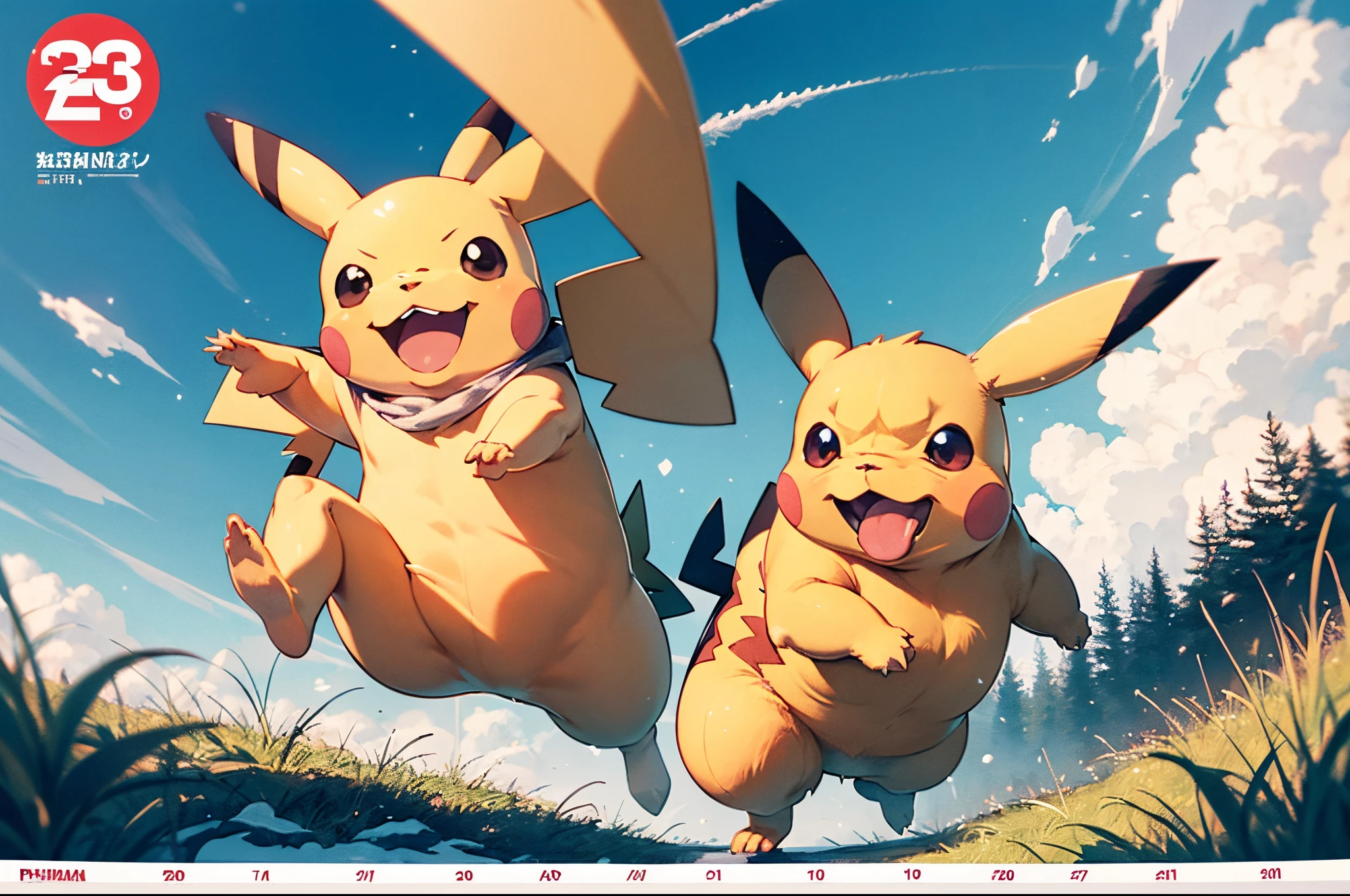 (best quality) An exceptional calendar artwork featuring Pikachu and from the Pokemon series. The image should expertly capture Pikachu in a dynamic and engaging pose in a winter mood, bringing out its iconic features and lively personality. Prioritize exquisite detailing, vivid and accurate colors, and a composition that exudes vibrancy. Aim to surpass the standards of top-tier Pokemon-themed calendars by delivering an artwork that is not only visually striking but also stands out as a captivating representation of Pikachu's charm and energy, clean glossy art