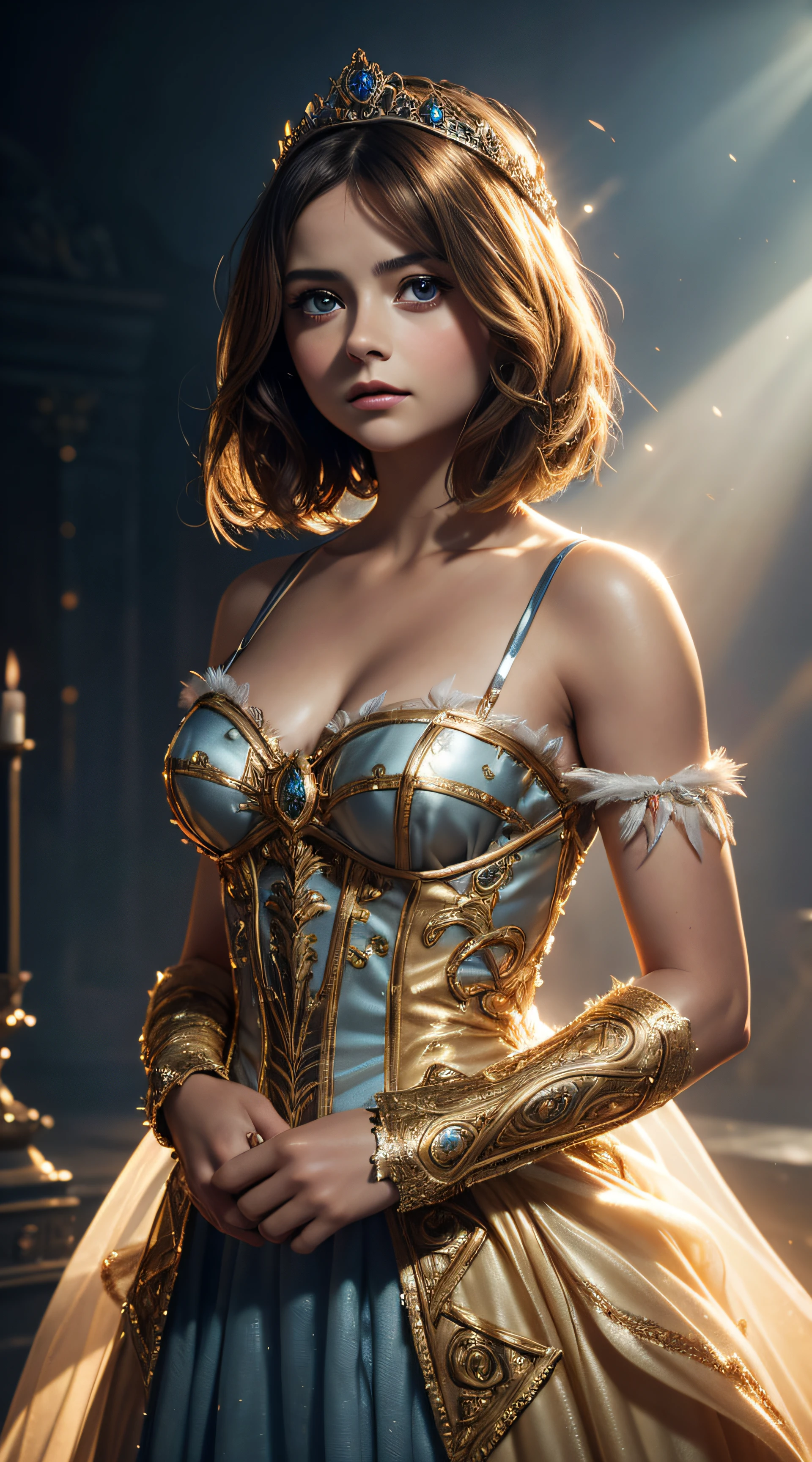 Jenna Coleman, wearing princess Elza costume sexy clothes transparent. professionally retouched, soft lighting, realistic, smooth face, perfect eyes, sharp focus on eyes, 8 k, high definition, insanely detailed, intricate, elegant. in a natural background.