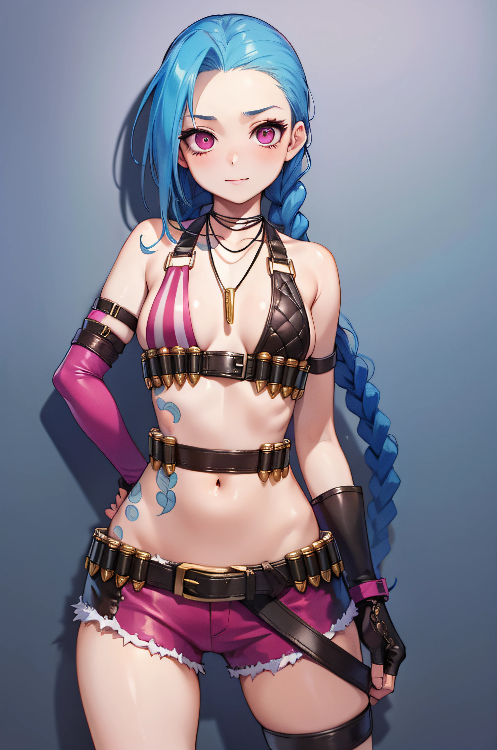 (masterpiece, best quality:1.2), intricate details, jinx \(league of legends\), 1girl, twin braids, single elbow glove, short shorts, bikini top only, necklace, belt, bullet, fingerless gloves