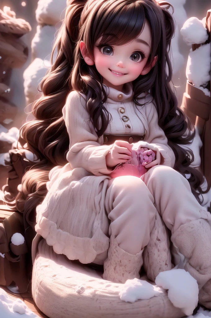 amasterpiece, best quality, 8k, cinematic light, ultra high res, chibi, cute girl smiling sitting on a sleigh, black hair, christmas steampunk dress, christmas hair bows, (white) pantyhose, black pumps, magical night, winter night, magical sparks floating, falling snow, dark shadows, ((dark fantasy)),