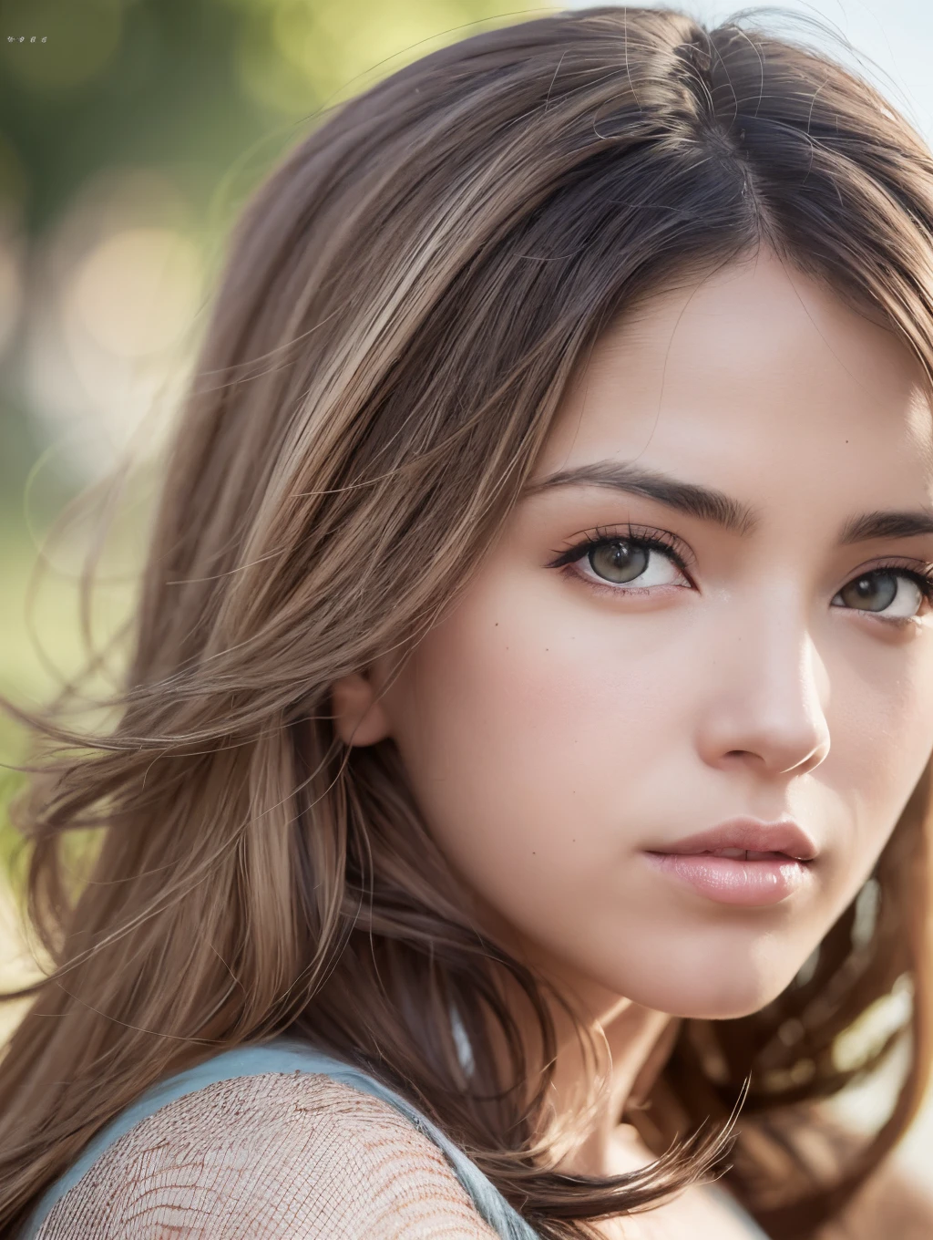 jp_style person, portrait of the beautiful model, wavy brown hair with blonde highlights, deep blue eyes, very tanned textured skin, puffed sleeved shirt, (8k, RAW photo, best quality, masterpiece: 1.2), (realistic, photorealistic: 1.37), ultra detailed, ( detail skin: 1.2), 8k uhd, DSLR, soft lighting, high quality, film grain, Fujifilm XTrofessional lighting --auto --s2