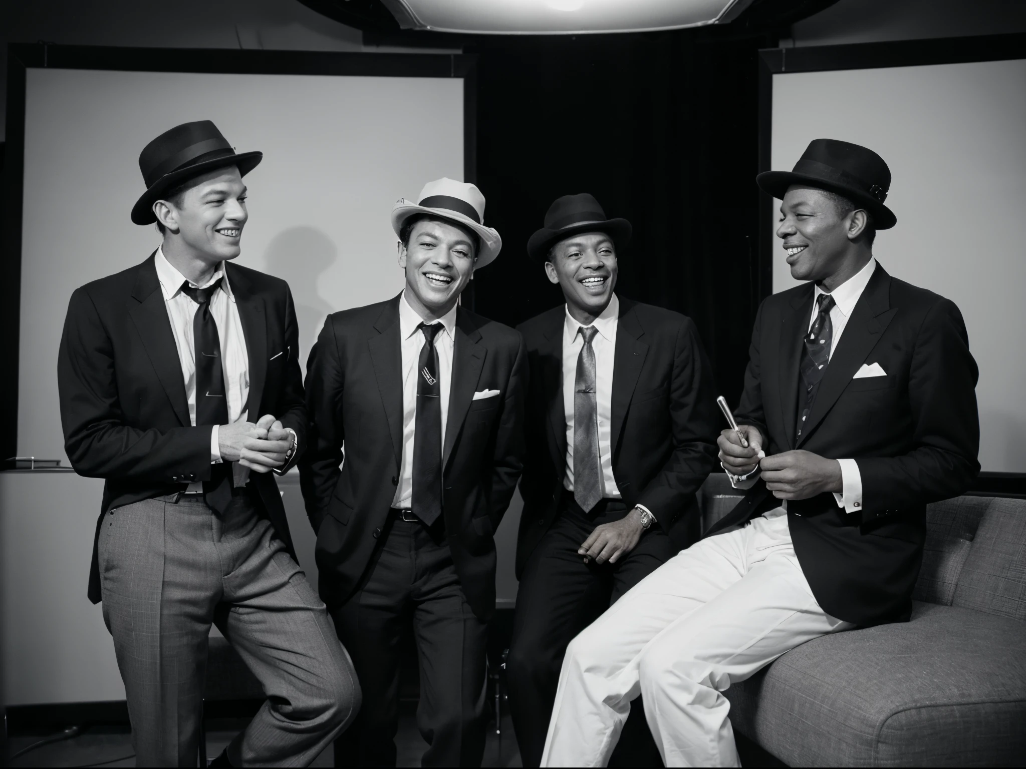 Please create an image of Frank Sinatra, Nat King Cole and Dean Martin, all dressed in shirts and tie, some of them wearing hats, laughing and chilling out together in the studio around a U47 Tube microphone. Make it photo realistic, photograph style, ((Black and White Photo)), Kodachrome 35mm
