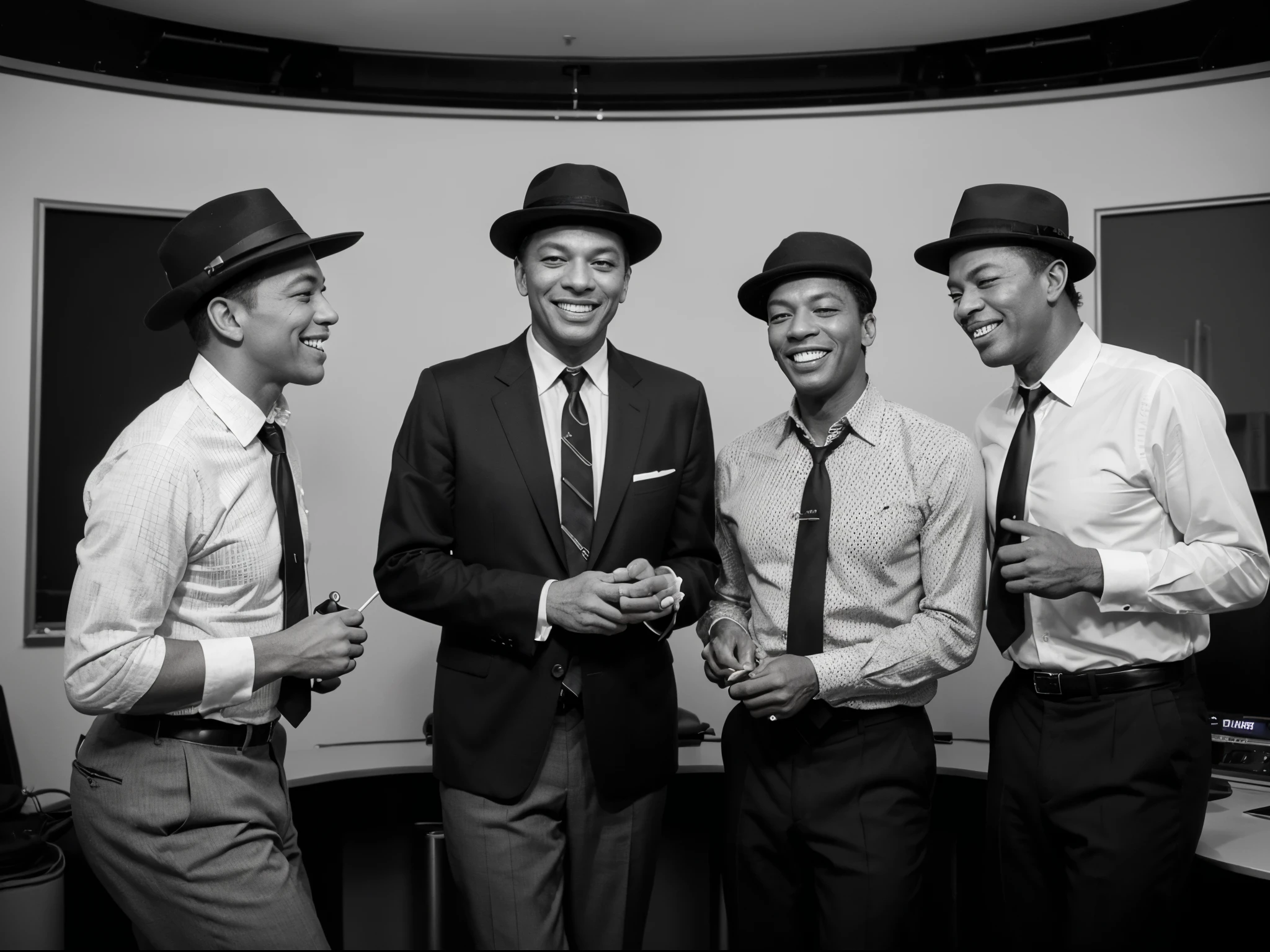Please create an image of Frank Sinatra, Nat King Cole and Dean Martin, all dressed in shirts and tie, some of them wearing hats, laughing and chilling out together in the studio around a U47 Tube microphone. Make it photo realistic, photograph style, ((Black and White Photo)), Kodachrome 35mm