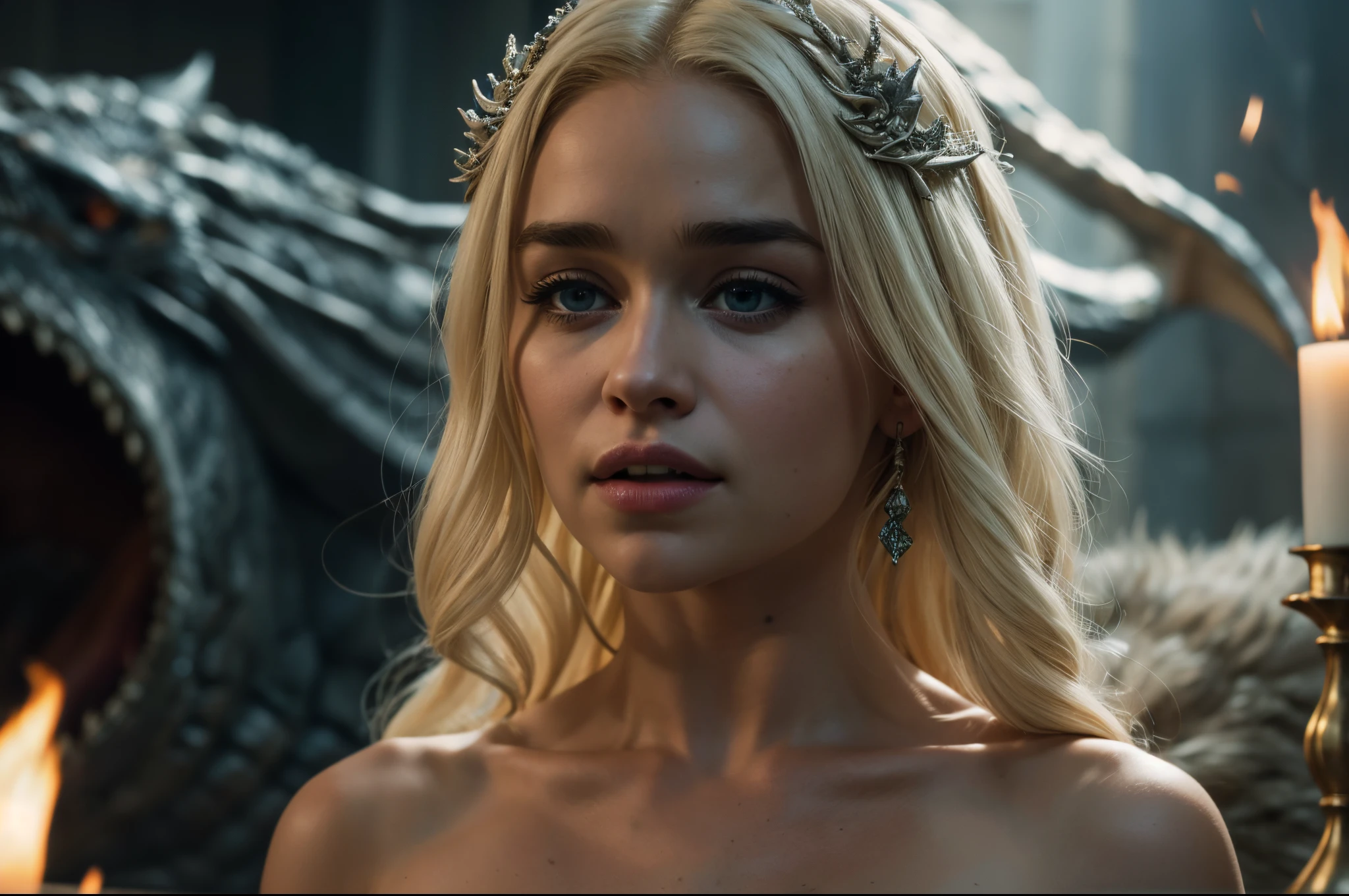 A Cinematic Scene from Drama TV shoame of Thrones", Close-up shot, A charismatic Emilia Clarke with bleach blonde hair sits on tops of a powerful dragon with the dragon blowing our powerful, luminescent flames from its mouth captured by UHD Canon EOS R6 Mark II camera, complemented by the Sigma 50mm f/1.4 DG HSM Art Lens, ensuring every detail, Inspiring, Natural light, enormous tits