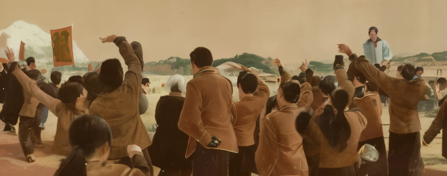 Photo of a group of Chinese people raising their hands in celebration in the 1960s