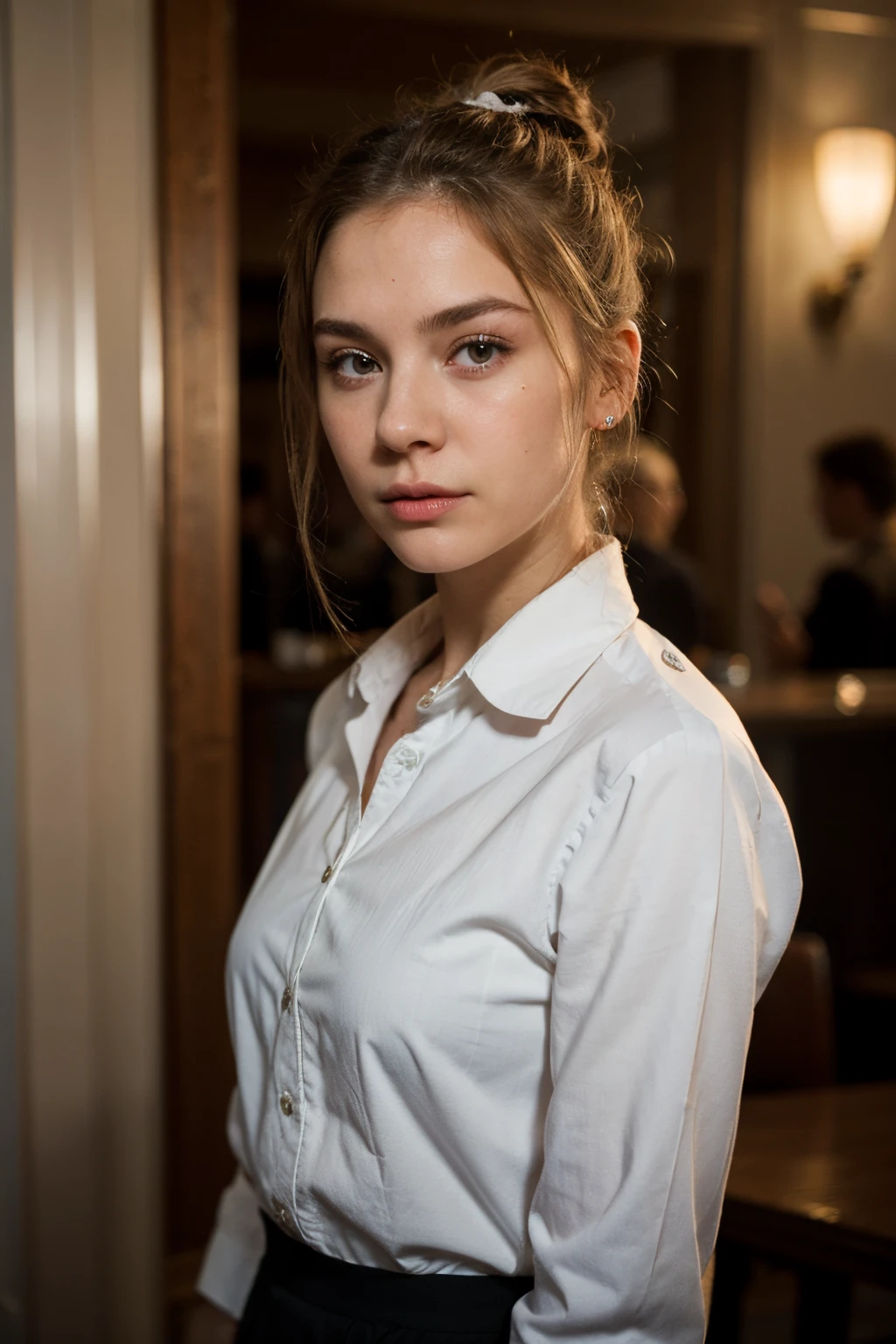 Woman, lawyer, business clothes, blonde hair , bun, streaks, black eyes, small eyebrows, Russian, white, 20 yo, 4k, realistic, cinema pose, enigmatic, cocktail party