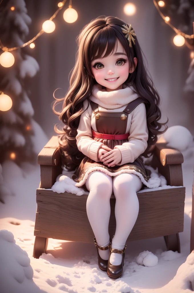 amasterpiece, best quality, 8k, cinematic light, ultra high res, chibi, cute girl smiling sitting on a sleigh, black hair, christmas steampunk dress, christmas hair bows, (white) pantyhose, black pumps, magical night, winter night, magical sparks floating, falling snow, dark shadows, ((dark fantasy)),