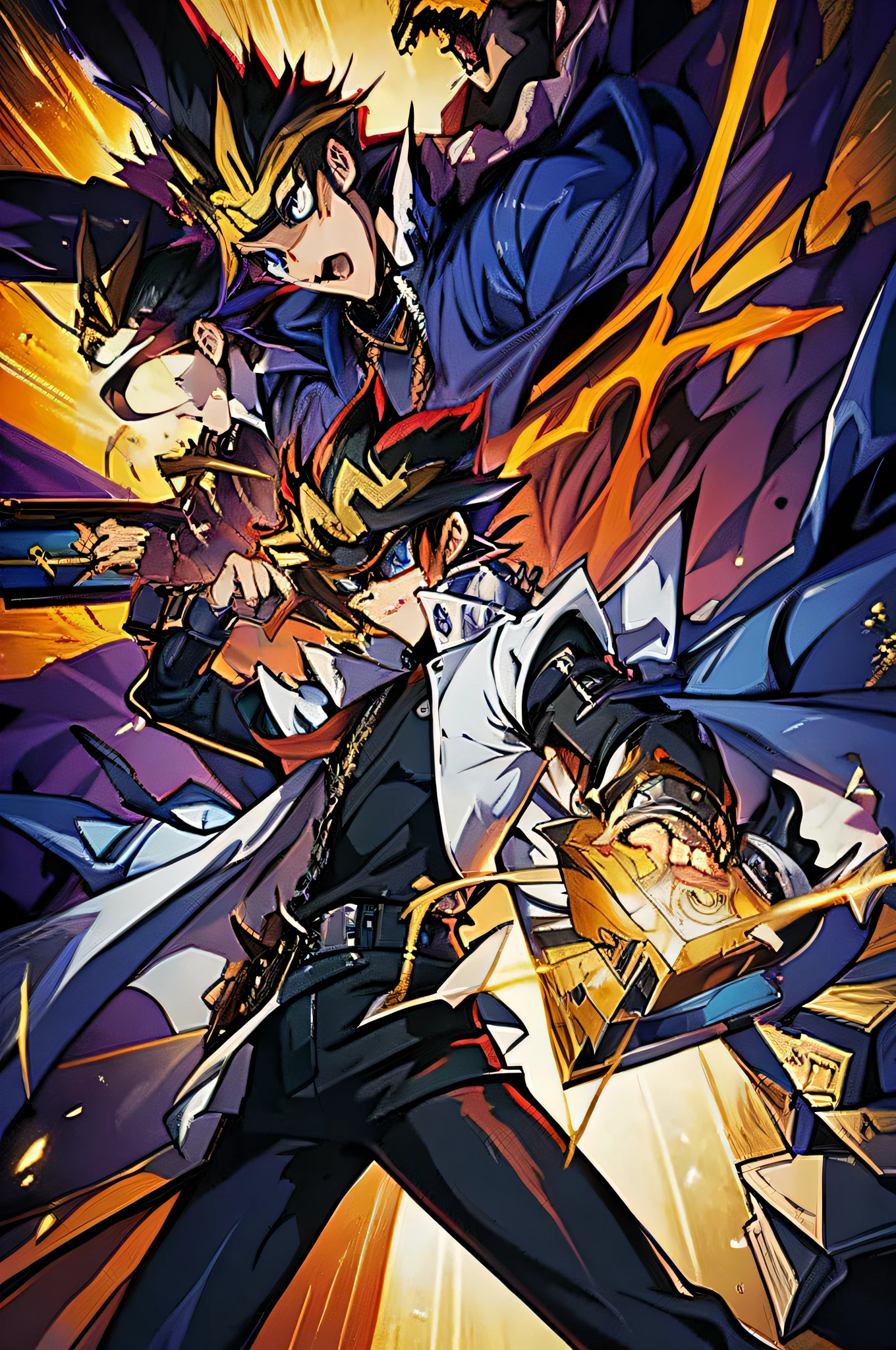 a man in a yellow coat and sunglasses next to another man, Traje real de Akira, Gatilho Estilo de Arte de Anime, guilty gear strive splash art, Estilo de arte da pessoa, arte chave do anime, Arte Oficial, Parte Brando, arte oficial altamente detalhada, Estilo de arte Guilty Gear, Estilo de Arte Demon Slayer, Epic anime style, Persona 5 Estilo Arte wlop, KDA, better arms, mais detalhes roxos e azuis, (ultra detalhes), Yu-Gi-Oh estilo arte, egyptian setting