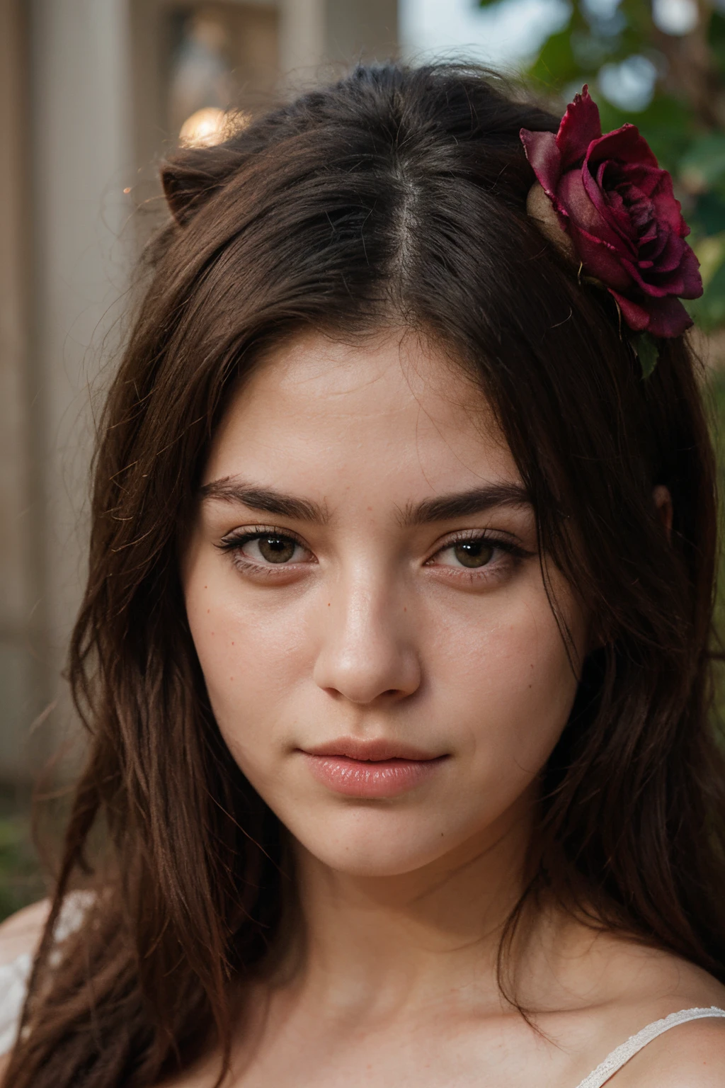 make a realistic digital art type picture with a lion face and half of the face is covered by rose flower