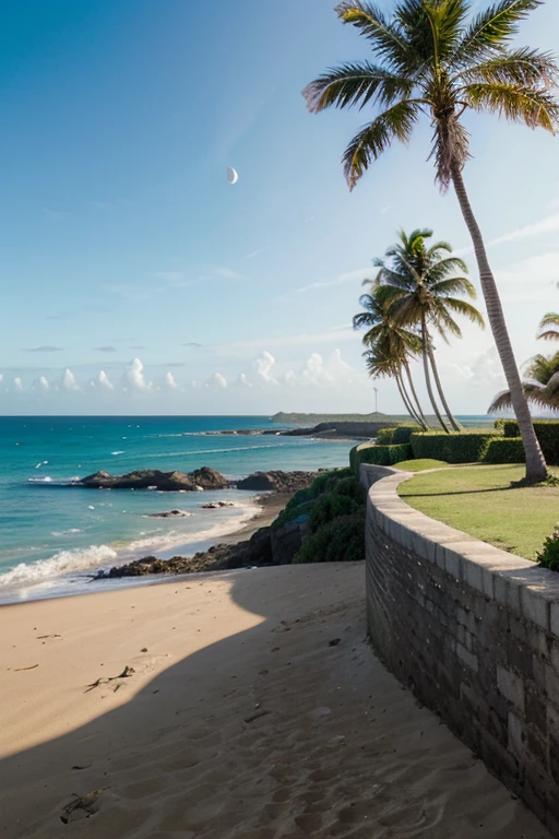 The edge of the sea and the half moon and a palm tree