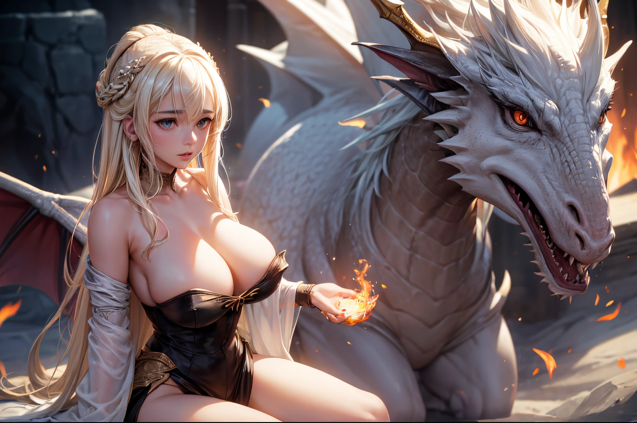 A Cinematic Scene from Drama TV shoame of Thrones", Close-up shot, A charismatic Emilia Clarke with bleach blonde hair sits on tops of a powerful dragon with the dragon blowing our powerful, luminescent flames from its mouth captured by UHD Canon EOS R6 Mark II camera, complemented by the Sigma 50mm f/1.4 DG HSM Art Lens, ensuring every detail, Inspiring, Natural light, enormous tits