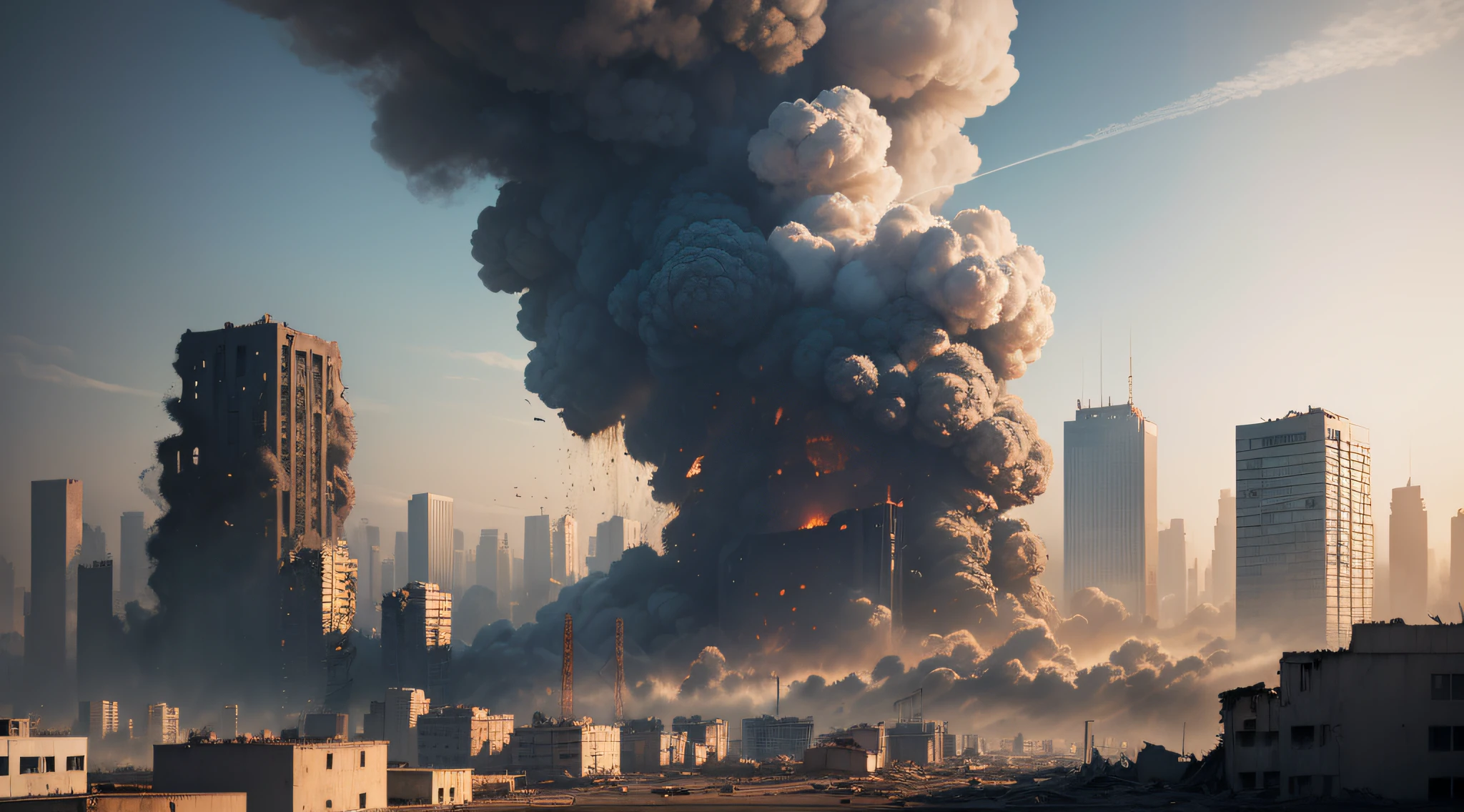 disaster，disrupt，city collapse, safe，dense smoke，Dangerous，Collapsed building，Scene photos, Maximum sense of reality, profesional photo, high high quality, A high resolution, very detailed nipples