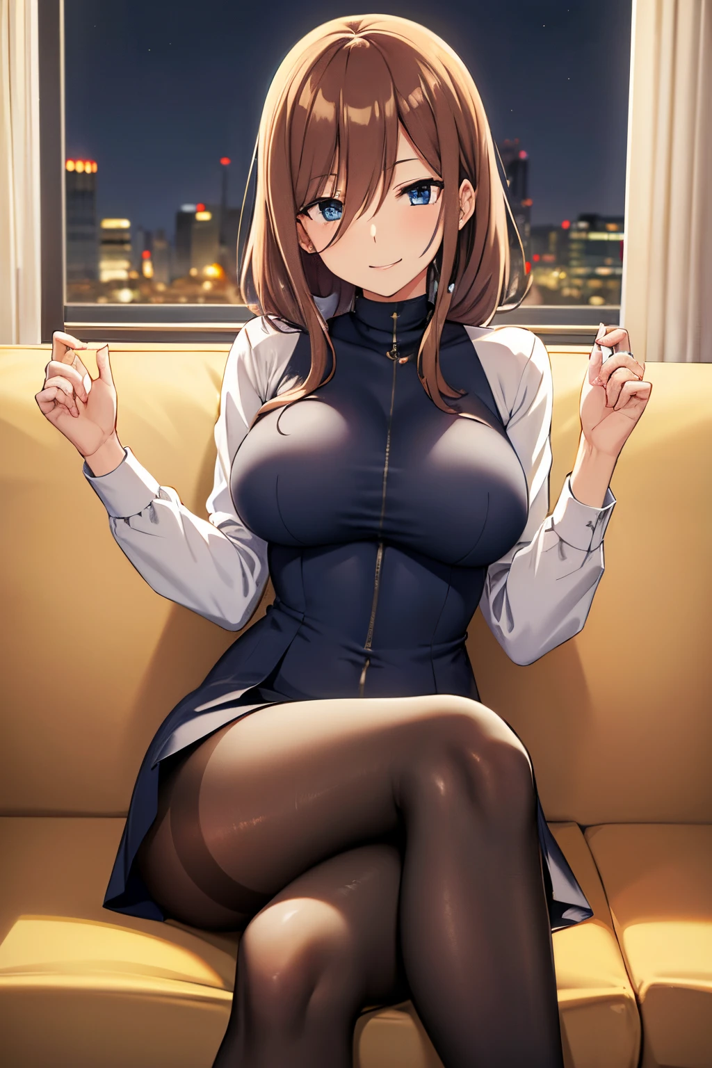 1 girl, alone, Miku nakano, medium hair, brown hair, blue eyes, milf, smiling, seductive expression, sexy posture, blue headphones around the neck, beige shirt, long sleeves, turtleneck shirt, navy blue one-piece dress, sundress, black pantyhose, black heels, living room, sitting, sitting in an armchair, good lighting, night, open window, legs crossed, large breasts, medium waist, medium hips, wide thighs,
